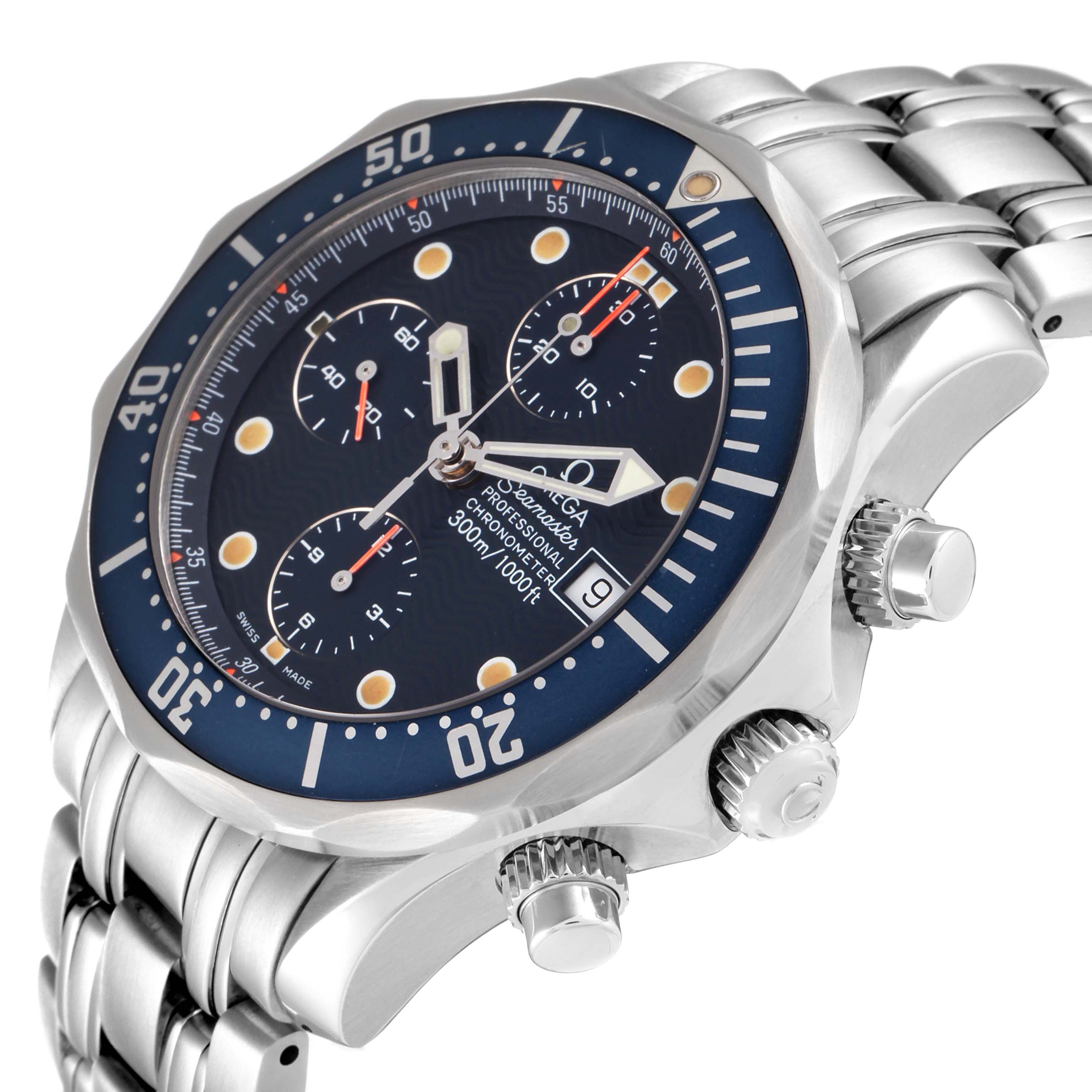 This image shows an angled close-up of the Omega Seamaster 2225.80.00 Men's Stainless Steel Blue Dial 2225.80.00 Men's Stainless Steel Blue Dial watch, highlighting the face, bezel, crown, and part of the bracelet.