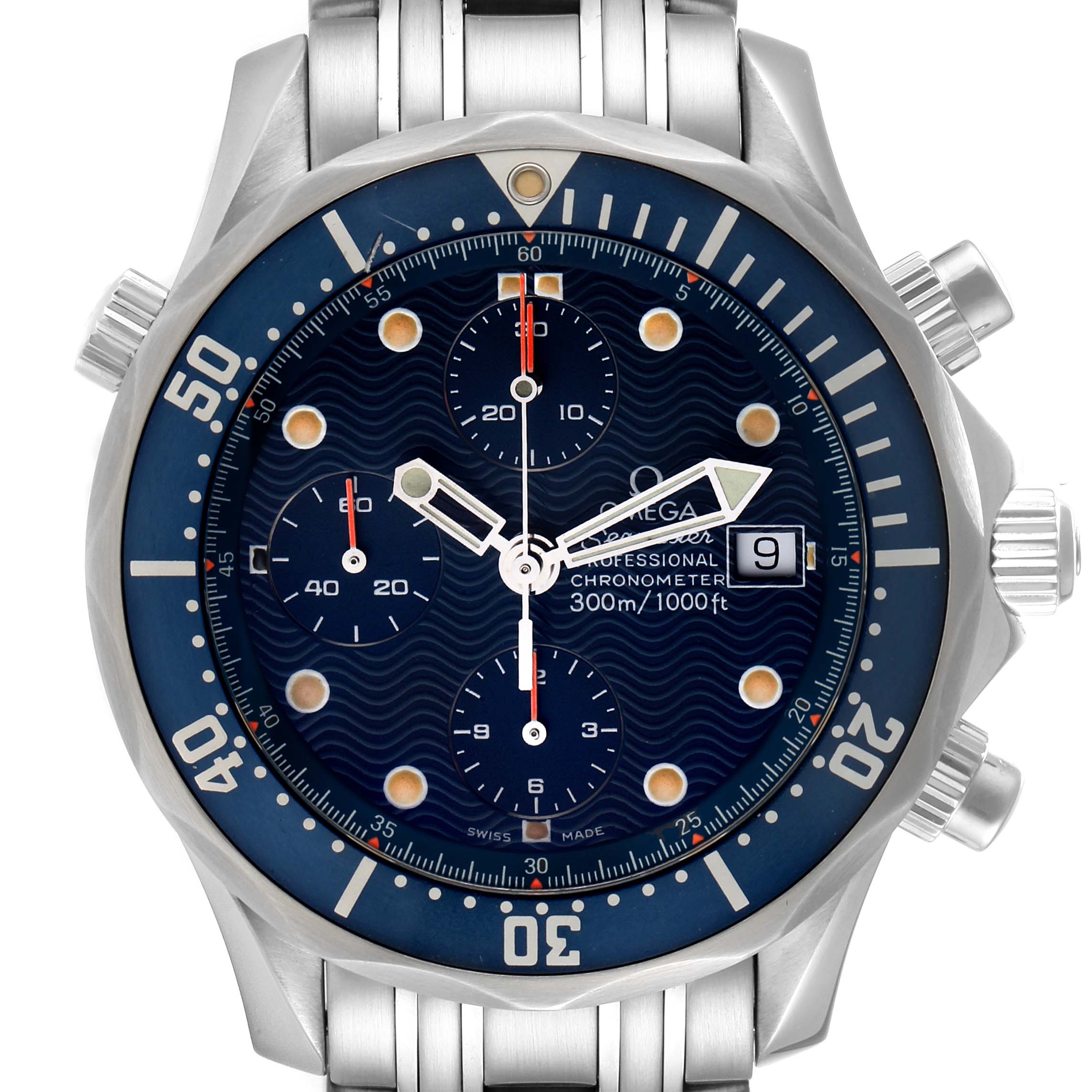 The image shows the face and bezel of an Omega Seamaster 2225.80.00 Men's Stainless Steel Blue Dial 2225.80.00 Men's Stainless Steel Blue Dial watch, highlighting the chronograph subdials, date window, and metallic bracelet.