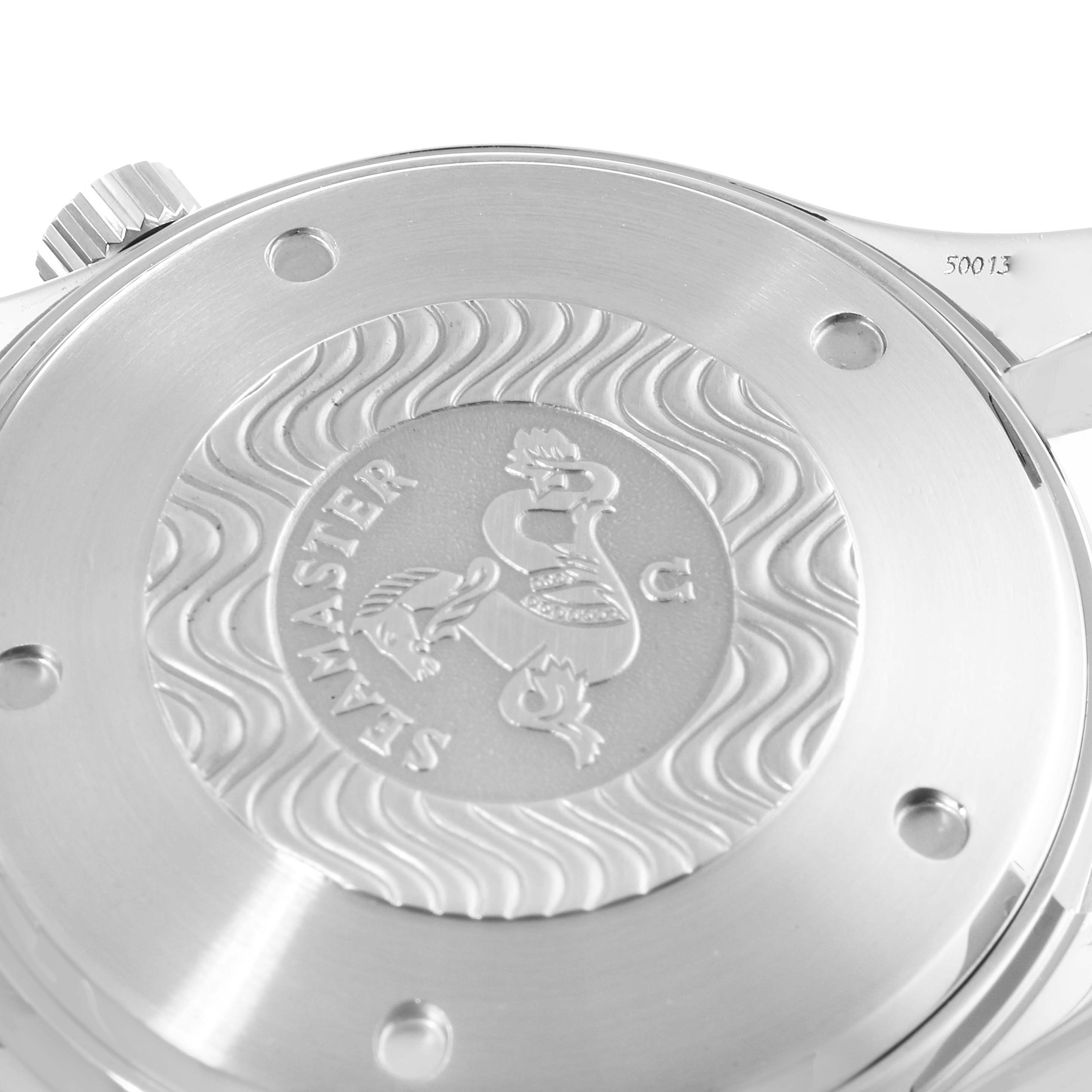 This image shows the back case of the Omega Seamaster 2225.80.00 Men's Stainless Steel Blue Dial 2225.80.00 Men's Stainless Steel Blue Dial watch, featuring its engraved logo and detailing.