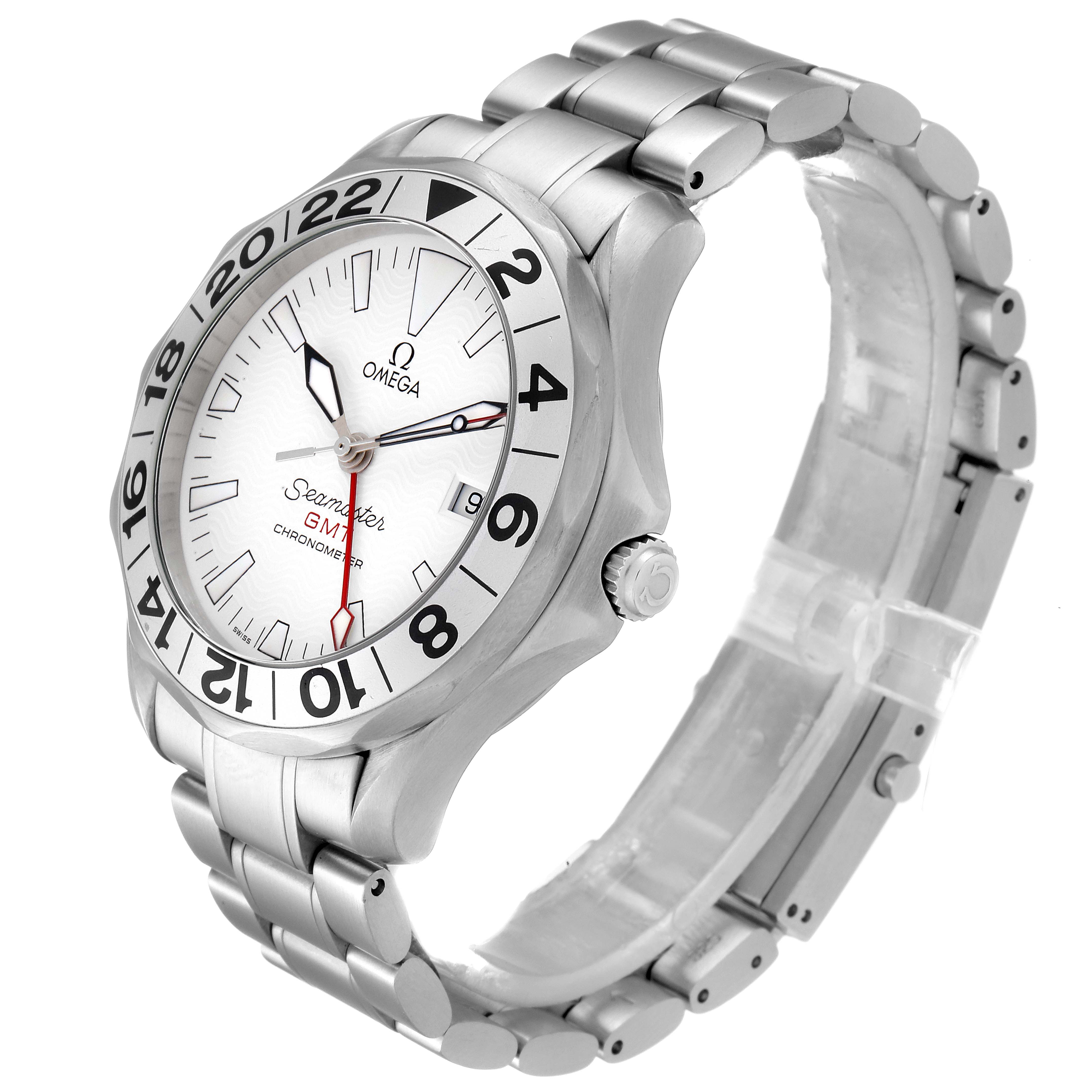 The Omega Seamaster 2538.20.00 Men's Stainless Steel White Dial 2538.20.00 Men's Stainless Steel White Dial watch is shown at a three-quarter angle, displaying the face, bezel, crown, and metal bracelet with clasp.