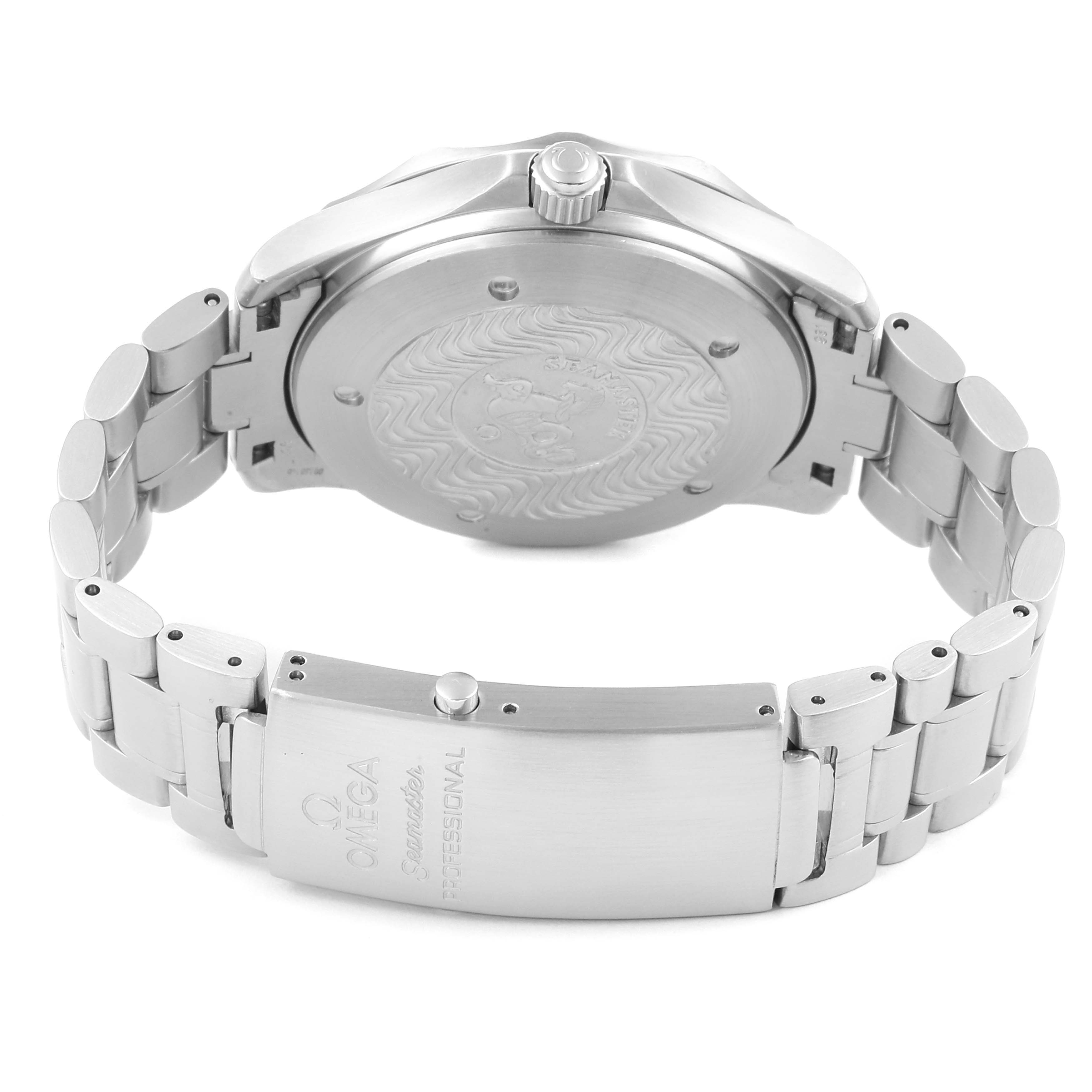 The image shows the back case and bracelet clasp of an Omega Seamaster 2538.20.00 Men's Stainless Steel White Dial 2538.20.00 Men's Stainless Steel White Dial watch from a rear angle.