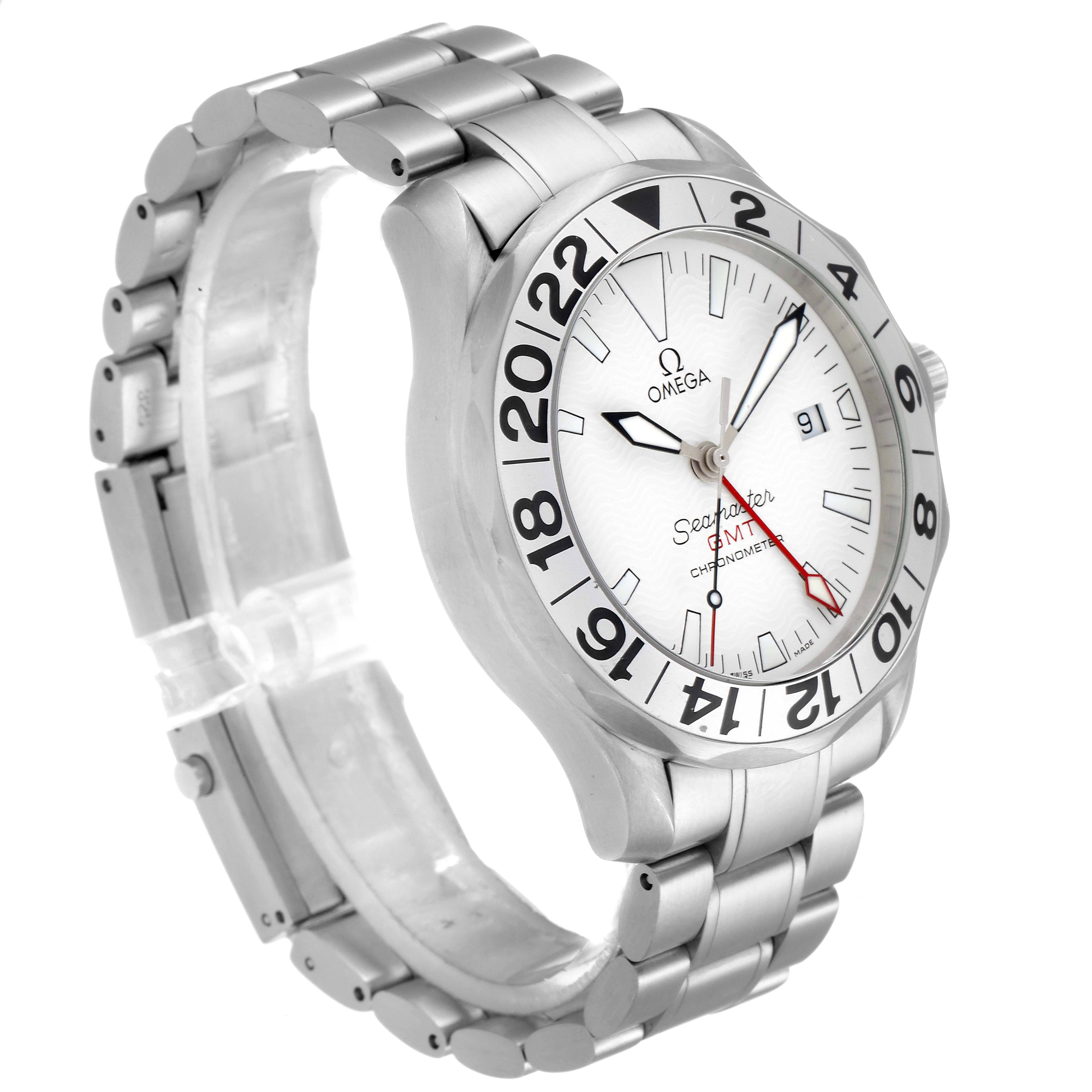 The Omega Seamaster 2538.20.00 Men's Stainless Steel White Dial 2538.20.00 Men's Stainless Steel White Dial watch is shown at an angled view highlighting its bezel, dial, and bracelet.