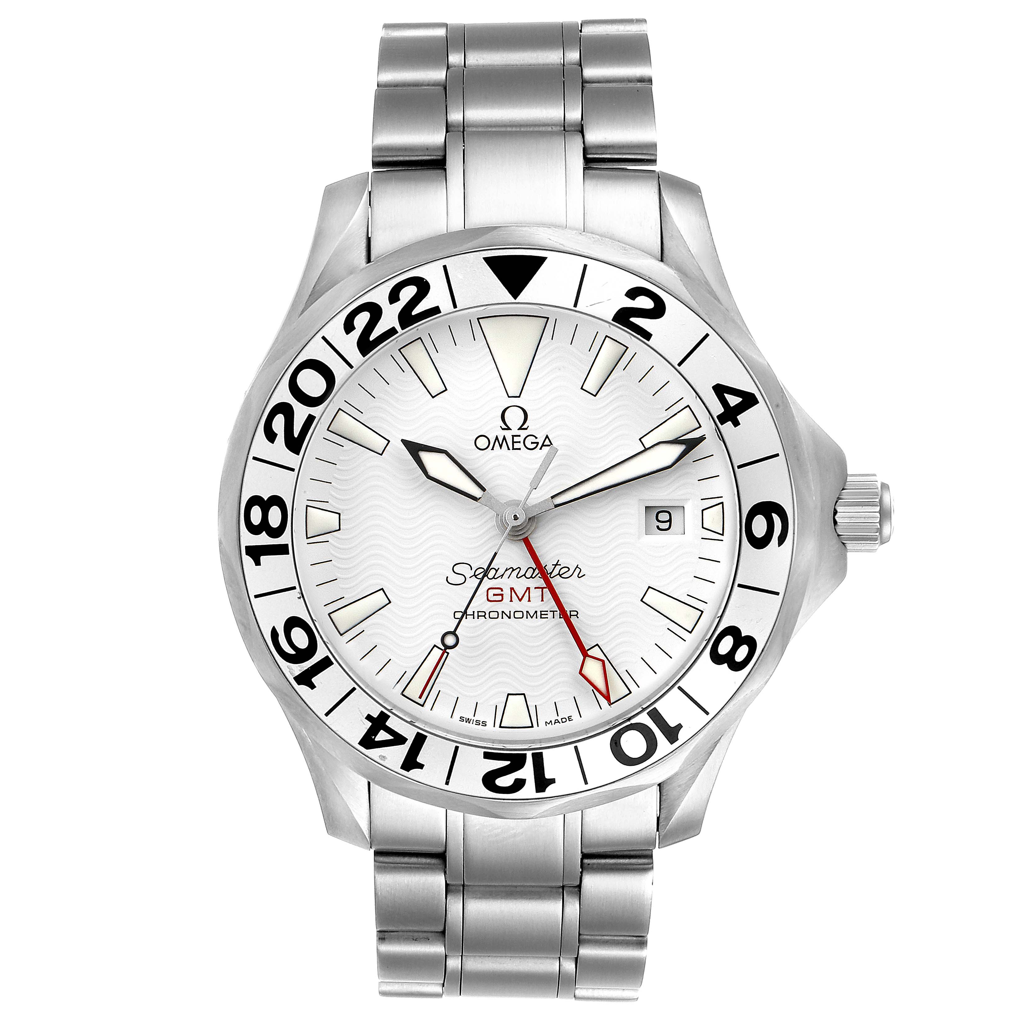 The image shows a front view of an Omega Seamaster 2538.20.00 Men's Stainless Steel White Dial 2538.20.00 Men's Stainless Steel White Dial GMT Chronometer with its stainless steel bracelet and white dial.