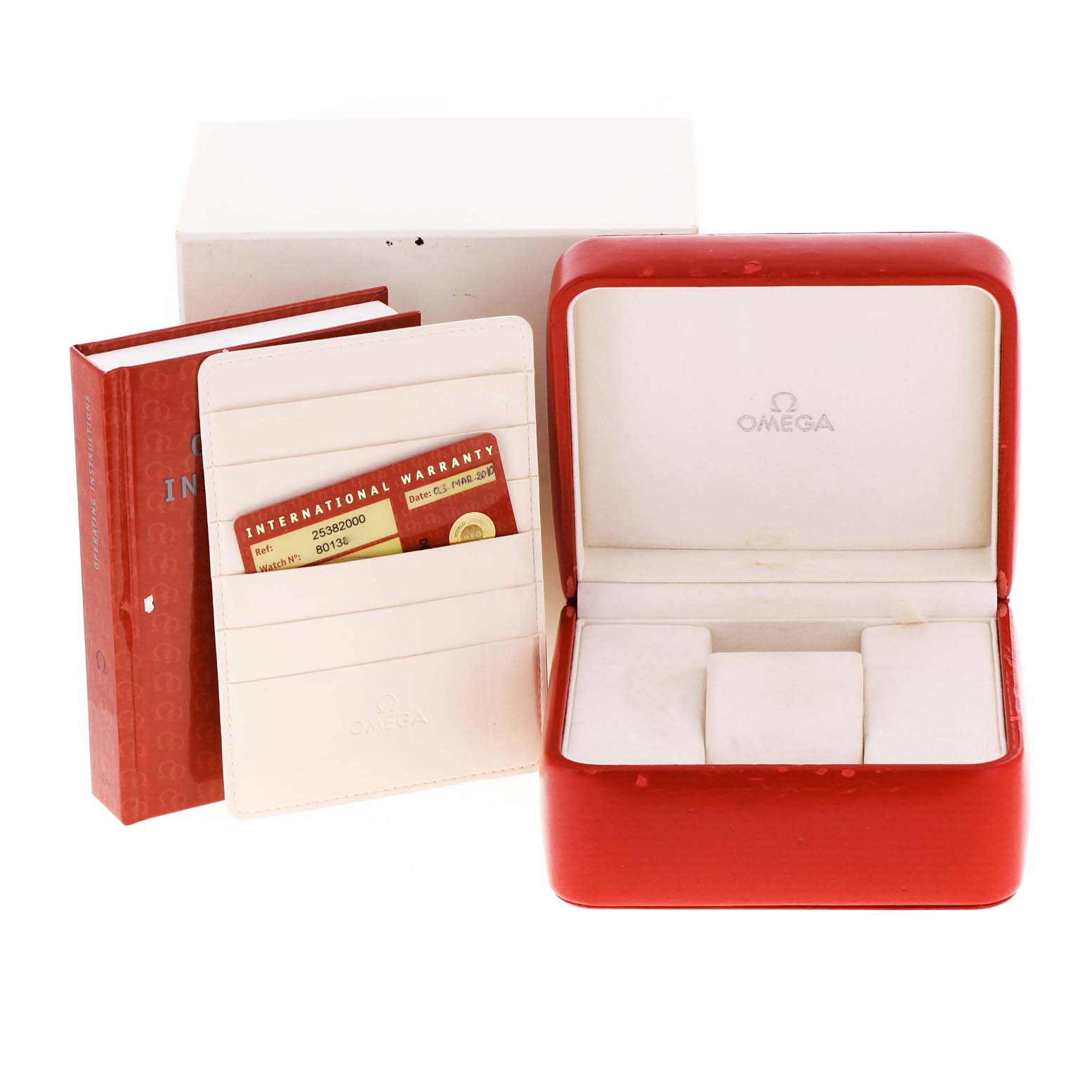 The image shows the Omega Seamaster 2538.20.00 Men's Stainless Steel White Dial 2538.20.00 Men's Stainless Steel White Dial watch box, international warranty card, and an instruction booklet.