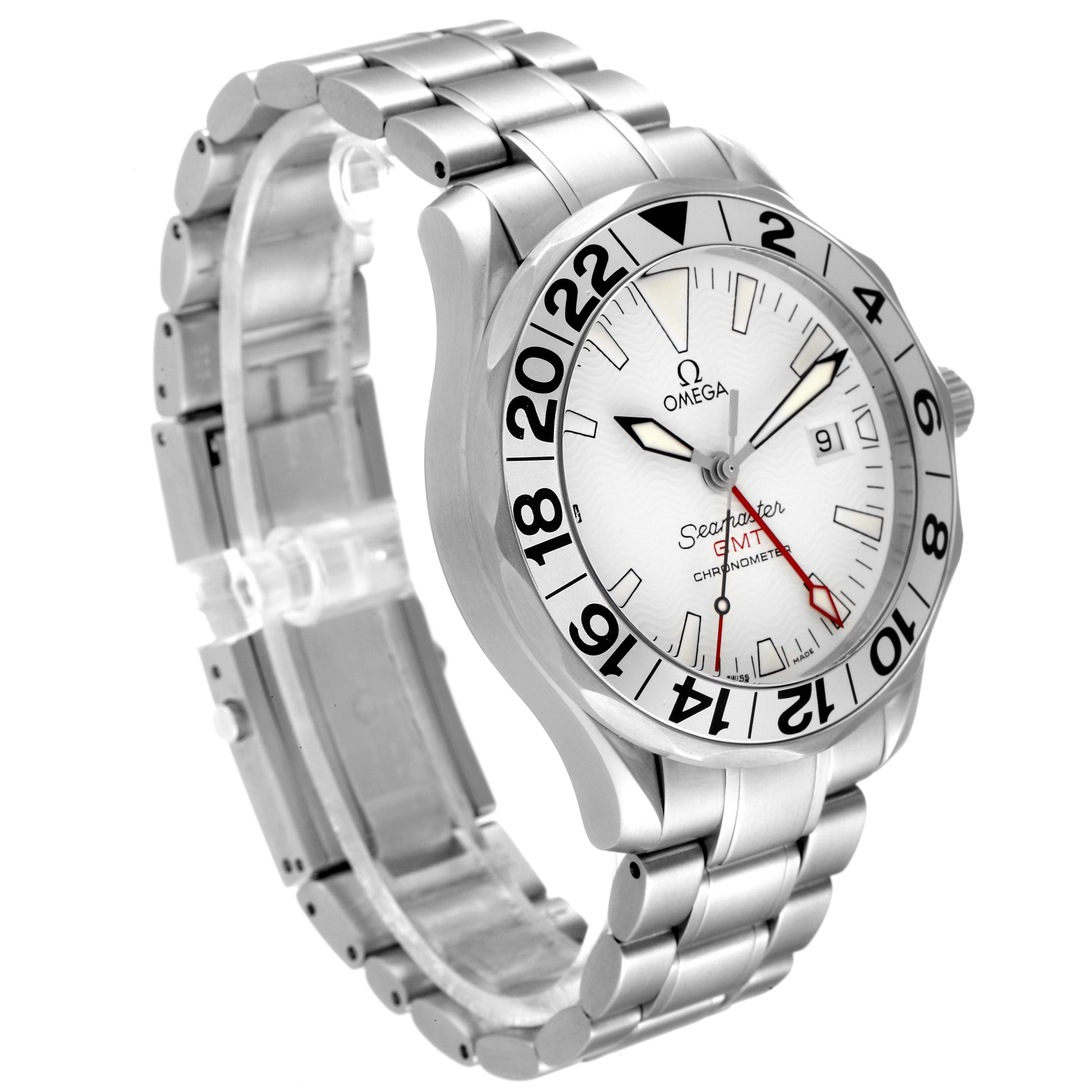 The image shows an Omega Seamaster 2538.20.00 Men's Stainless Steel White Dial 2538.20.00 Men's Stainless Steel White Dial watch from an angled perspective, highlighting the face, bezel, and bracelet.