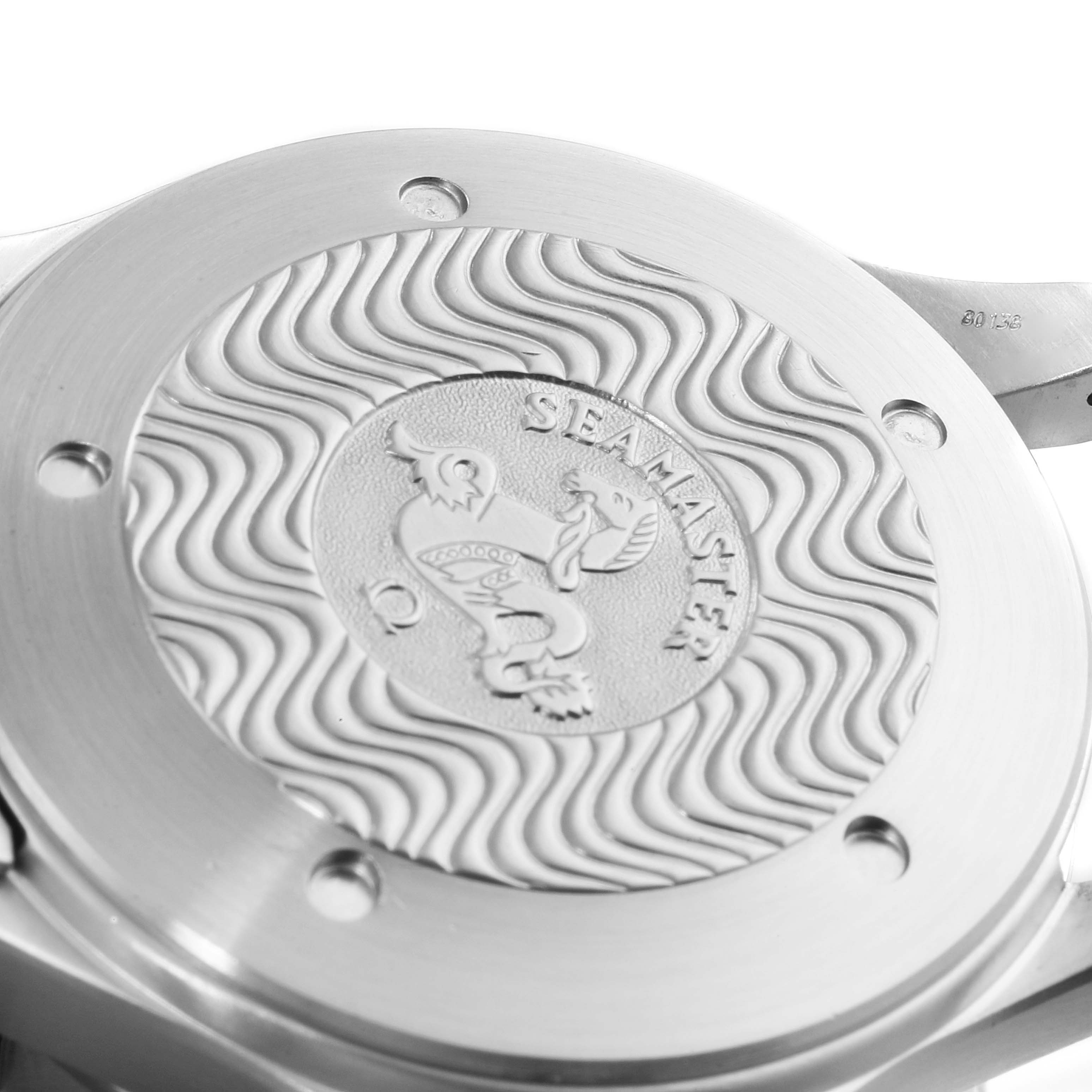 The image shows the case back of an Omega Seamaster 2538.20.00 Men's Stainless Steel White Dial 2538.20.00 Men's Stainless Steel White Dial watch, featuring its engraved logo and design.