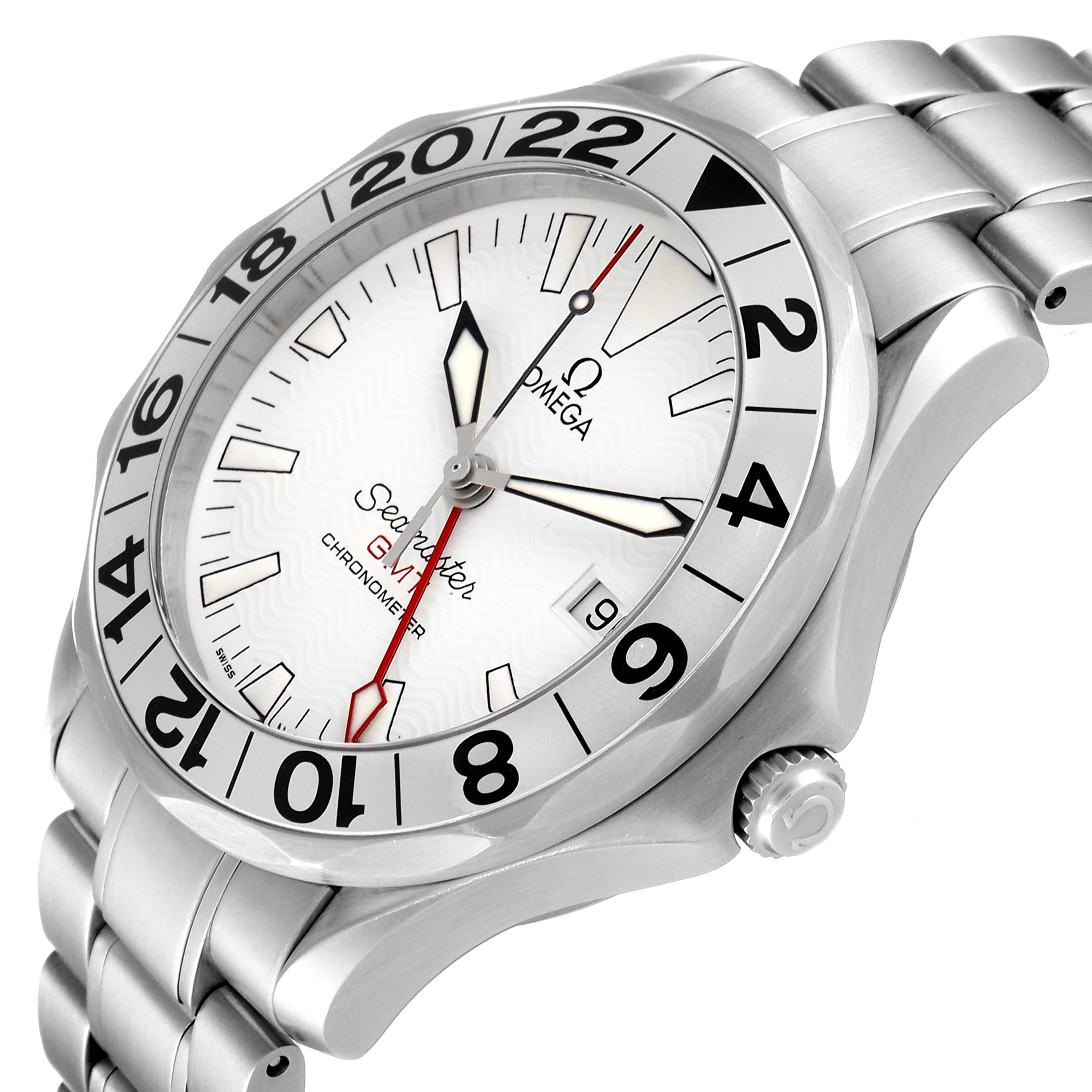 The image shows an Omega Seamaster 2538.20.00 Men's Stainless Steel White Dial 2538.20.00 Men's Stainless Steel White Dial watch at an angled view, displaying the dial, bezel, and part of the stainless steel bracelet.