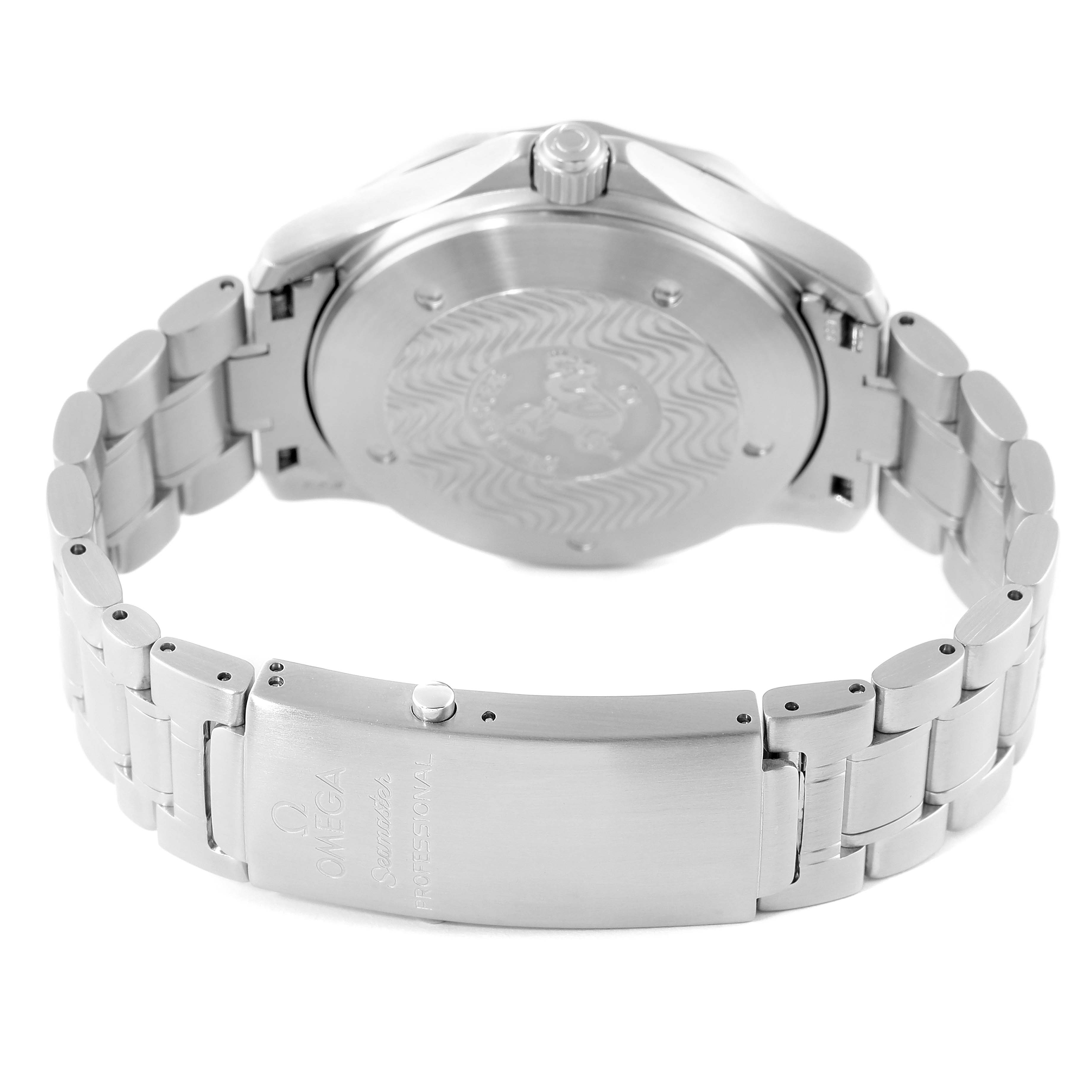 The image shows the back case and metal bracelet of an Omega Seamaster 2538.20.00 Men's Stainless Steel White Dial 2538.20.00 Men's Stainless Steel White Dial watch from a rear angle.