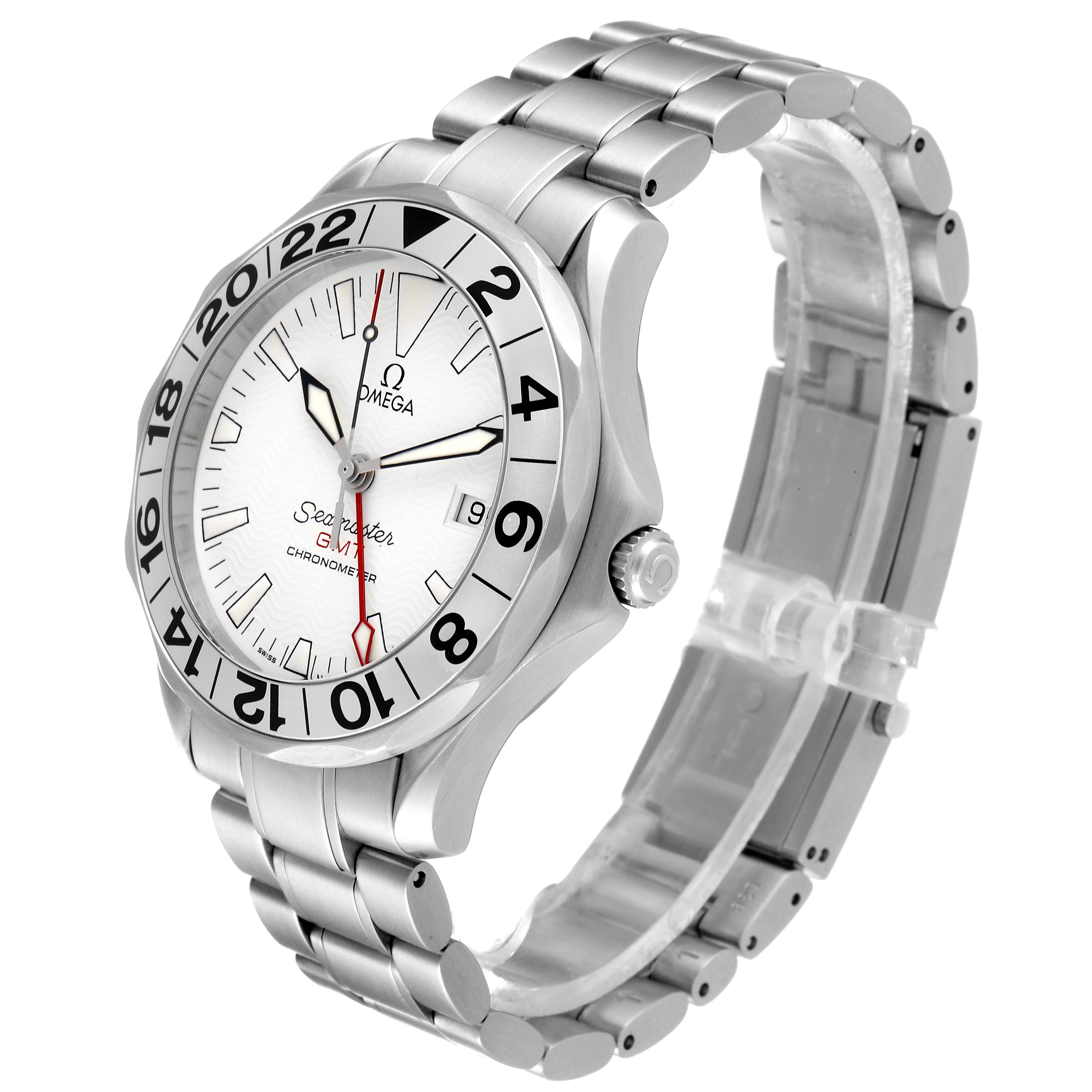 The Omega Seamaster 2538.20.00 Men's Stainless Steel White Dial 2538.20.00 Men's Stainless Steel White Dial watch is shown at an angle displaying the face, bezel, crown, and metal bracelet.