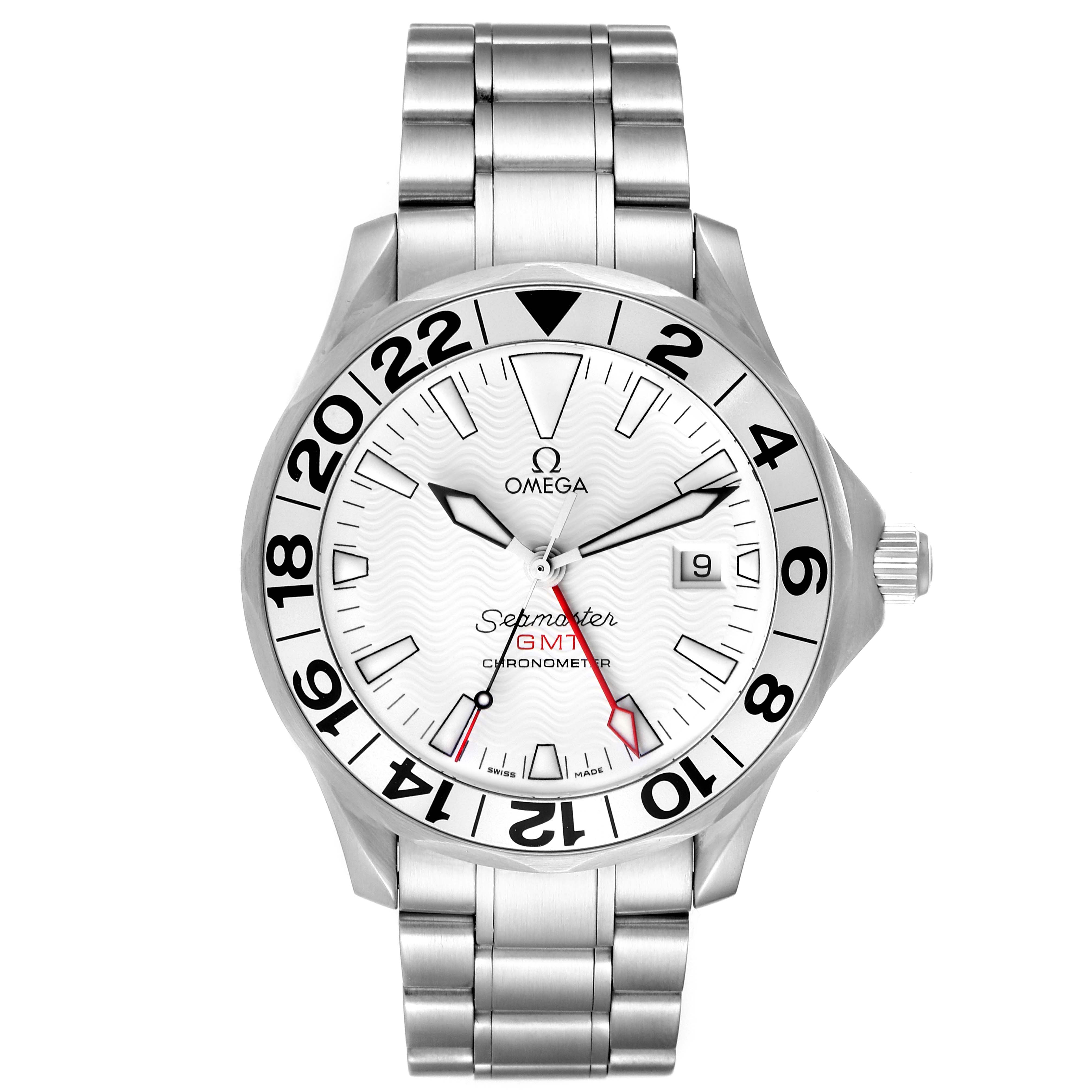 The image shows a front view of an Omega Seamaster 2538.20.00 Men's Stainless Steel White Dial 2538.20.00 Men's Stainless Steel White Dial GMT watch, highlighting the dial, bezel, and bracelet.