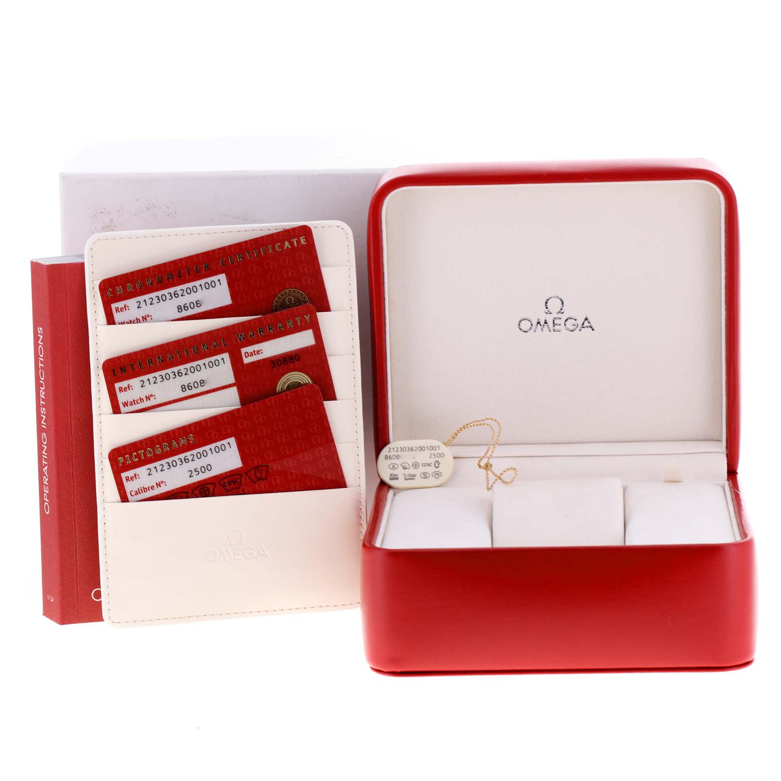 The image shows an Omega Seamaster 212.30.36.20.01.001 Men's Stainless Steel Black Dial 212.30.36.20.01.001 Men's Stainless Steel Black Dial watch box with operating instructions, warranty cards, and tags at a frontal angle.