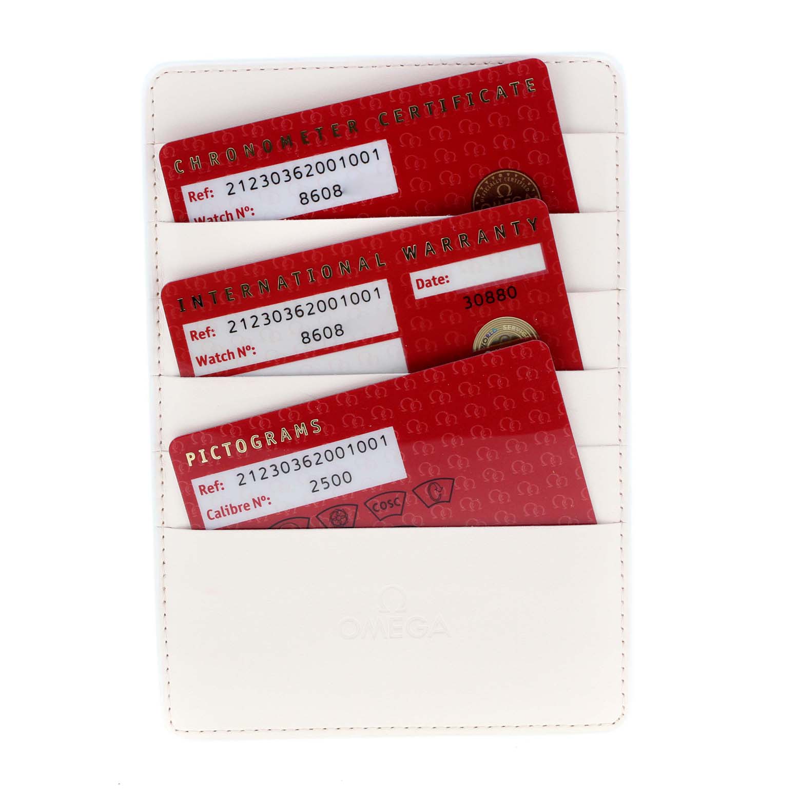 The image shows the chronometer certificate, international warranty, and pictograms cards for the Omega Seamaster 212.30.36.20.01.001 Men's Stainless Steel Black Dial 212.30.36.20.01.001 Men's Stainless Steel Black Dial watch.