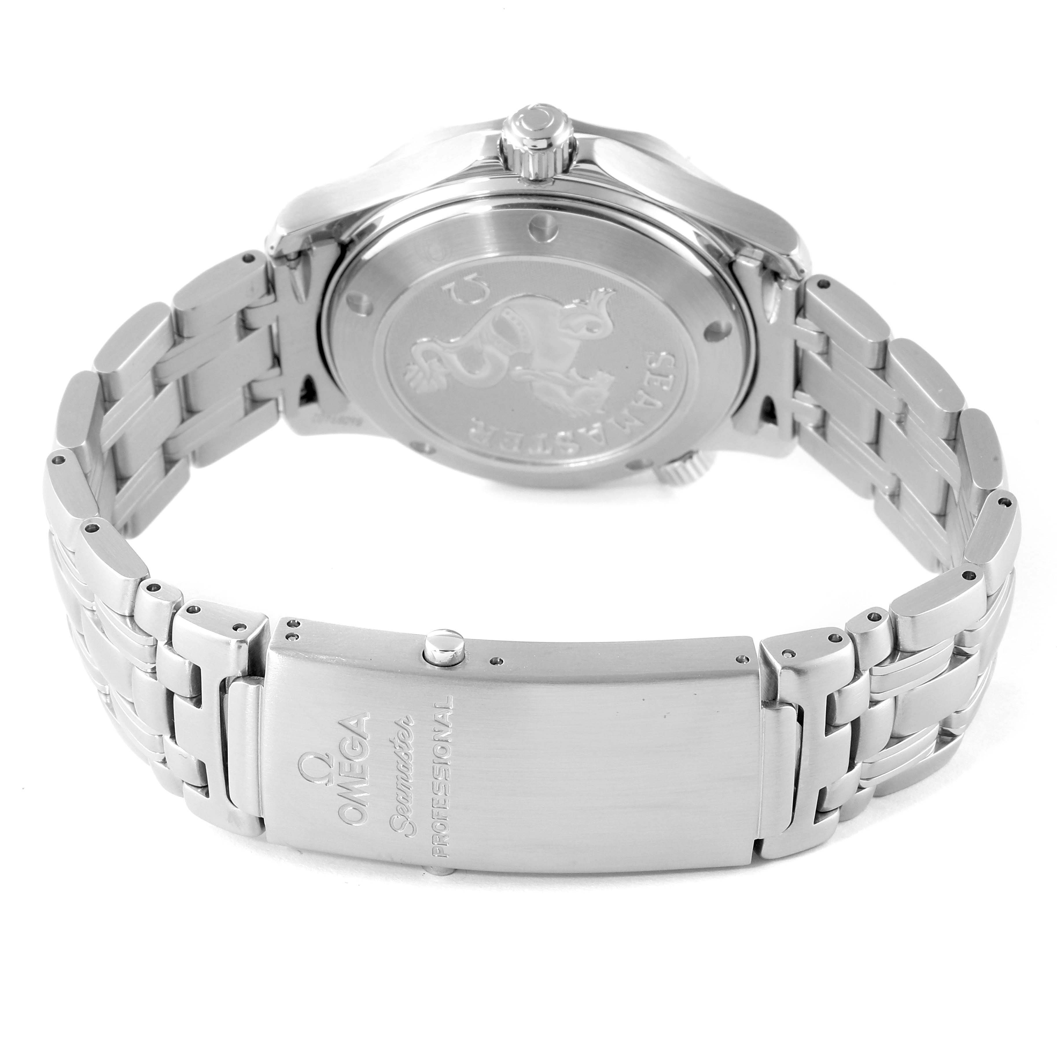 The image shows the back and clasp of an Omega Seamaster 212.30.36.20.01.001 Men's Stainless Steel Black Dial 212.30.36.20.01.001 Men's Stainless Steel Black Dial watch, highlighting the bracelet and engraved case back.