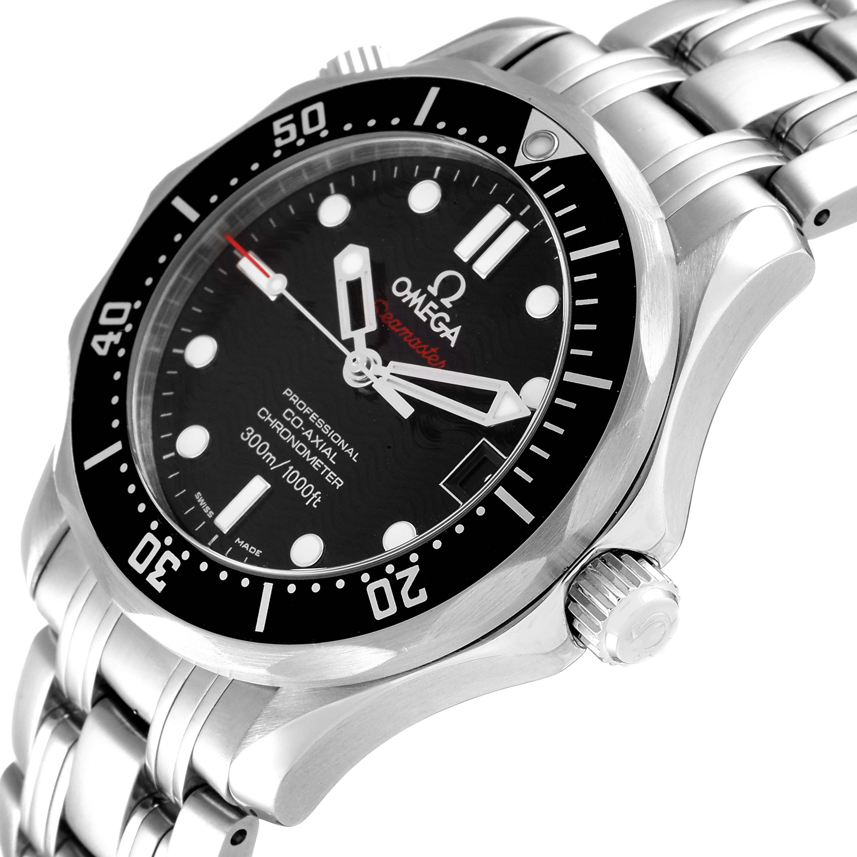 The image shows an angled view of the Omega Seamaster 212.30.36.20.01.001 Men's Stainless Steel Black Dial 212.30.36.20.01.001 Men's Stainless Steel Black Dial watch, highlighting its face, bezel, crown, and stainless steel bracelet.