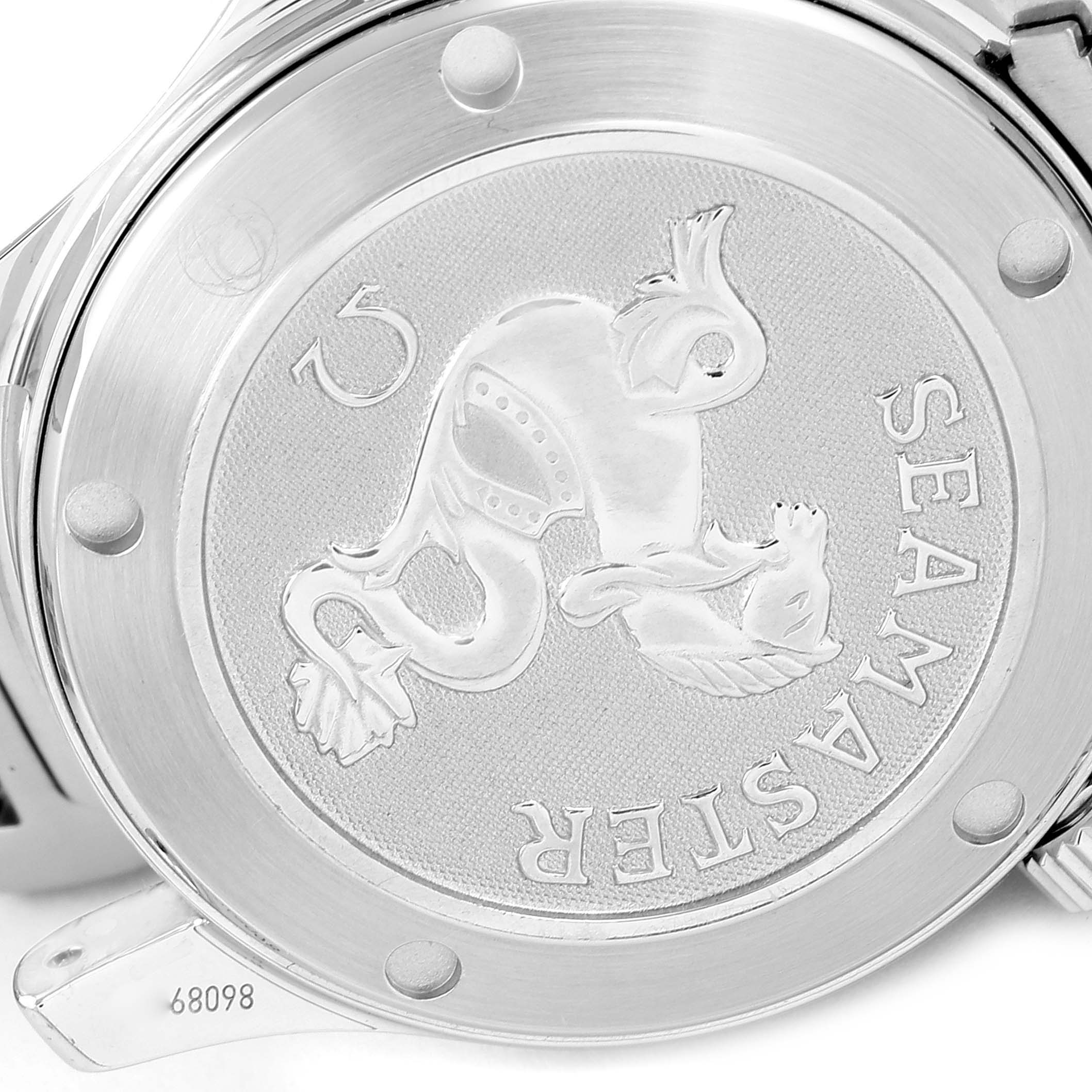 The image shows the case back of an Omega Seamaster 212.30.36.20.01.001 Men's Stainless Steel Black Dial 212.30.36.20.01.001 Men's Stainless Steel Black Dial watch, featuring an embossed seahorse design and the model name.