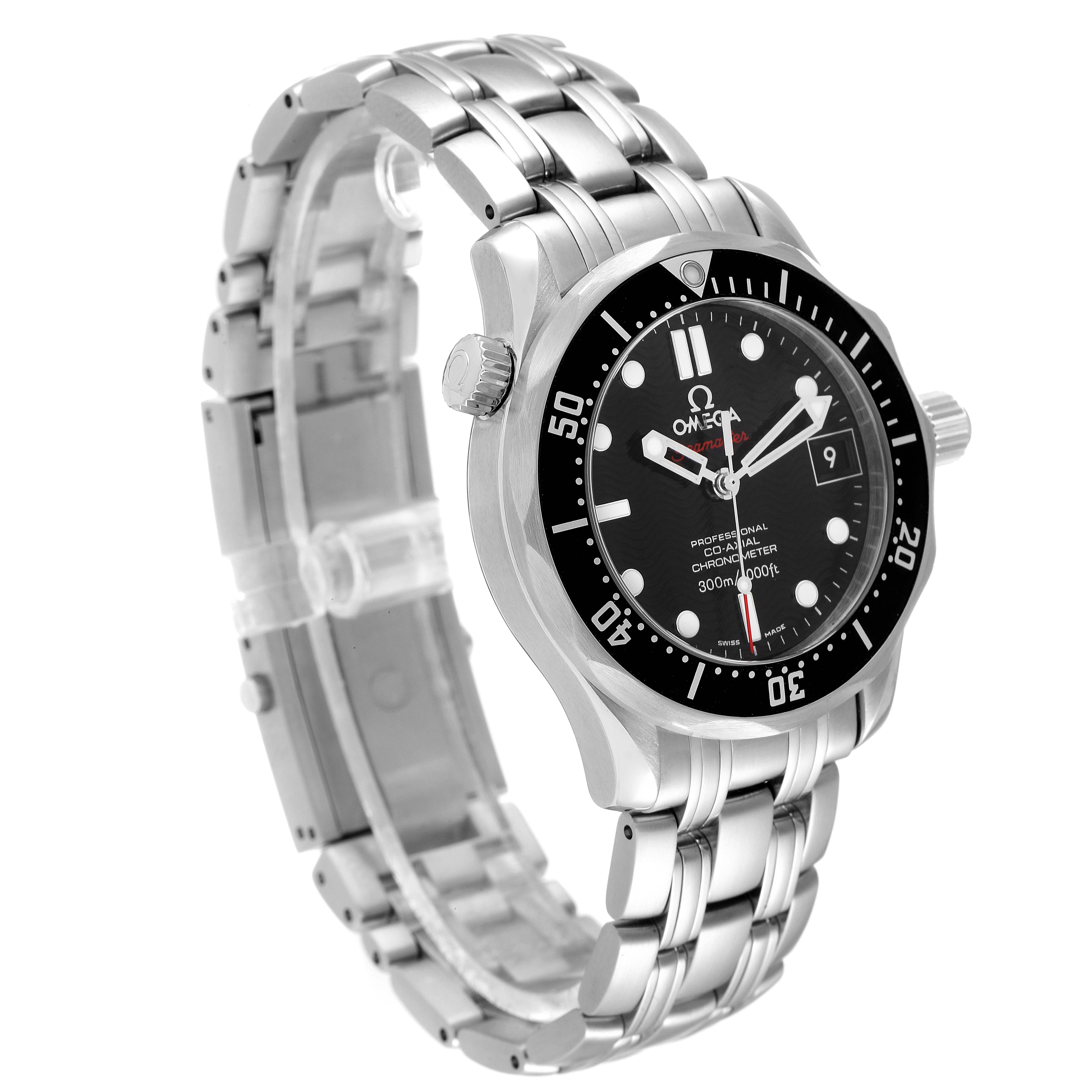 The Omega Seamaster 212.30.36.20.01.001 Men's Stainless Steel Black Dial 212.30.36.20.01.001 Men's Stainless Steel Black Dial watch is shown at an angle highlighting the dial, bezel, crown, and stainless steel bracelet.