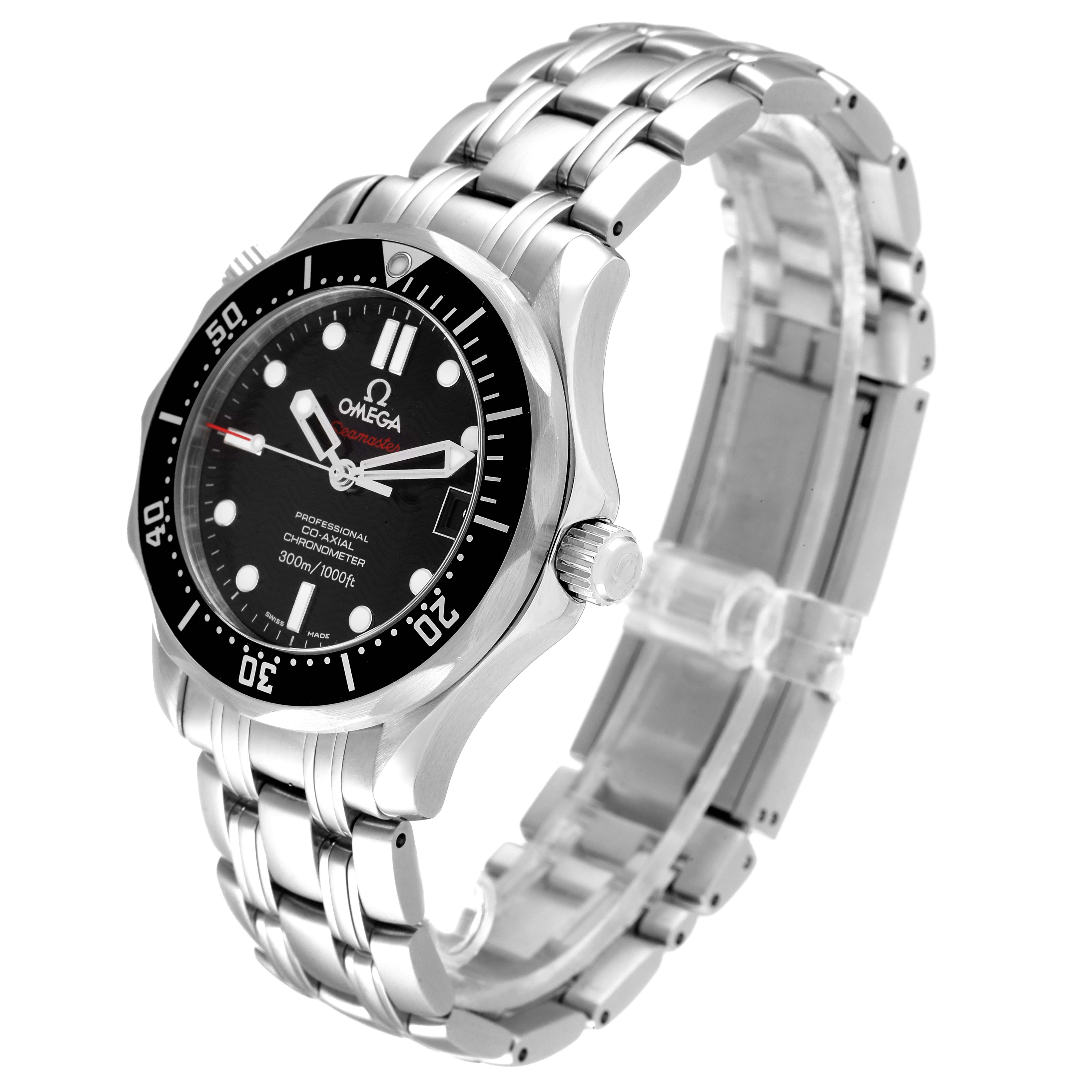 The image shows an Omega Seamaster 212.30.36.20.01.001 Men's Stainless Steel Black Dial 212.30.36.20.01.001 Men's Stainless Steel Black Dial watch from a three-quarter angle, displaying the face and stainless steel bracelet.