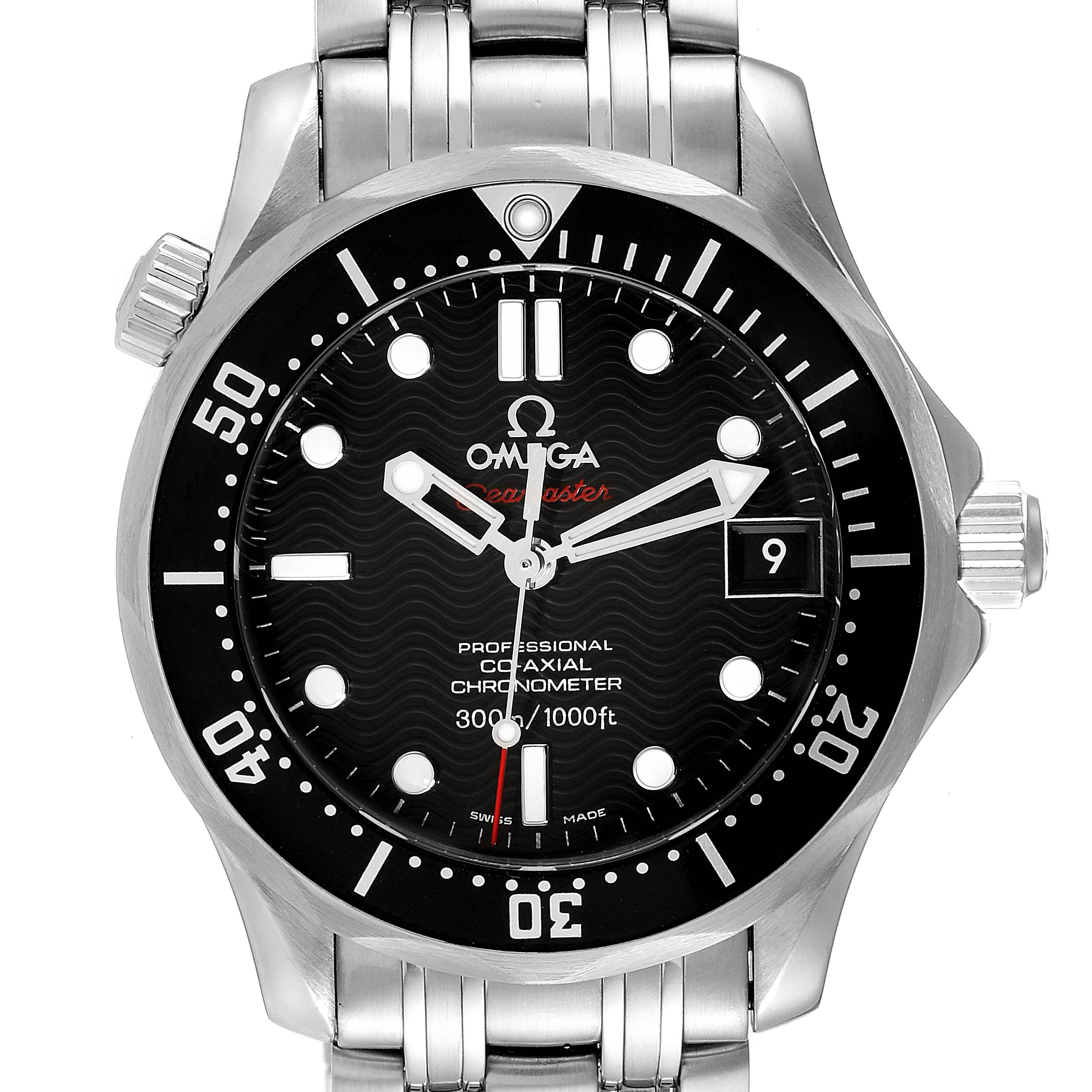 The image shows a front view of an Omega Seamaster 212.30.36.20.01.001 Men's Stainless Steel Black Dial 212.30.36.20.01.001 Men's Stainless Steel Black Dial watch, displaying the bezel, dial, crown, and bracelet.