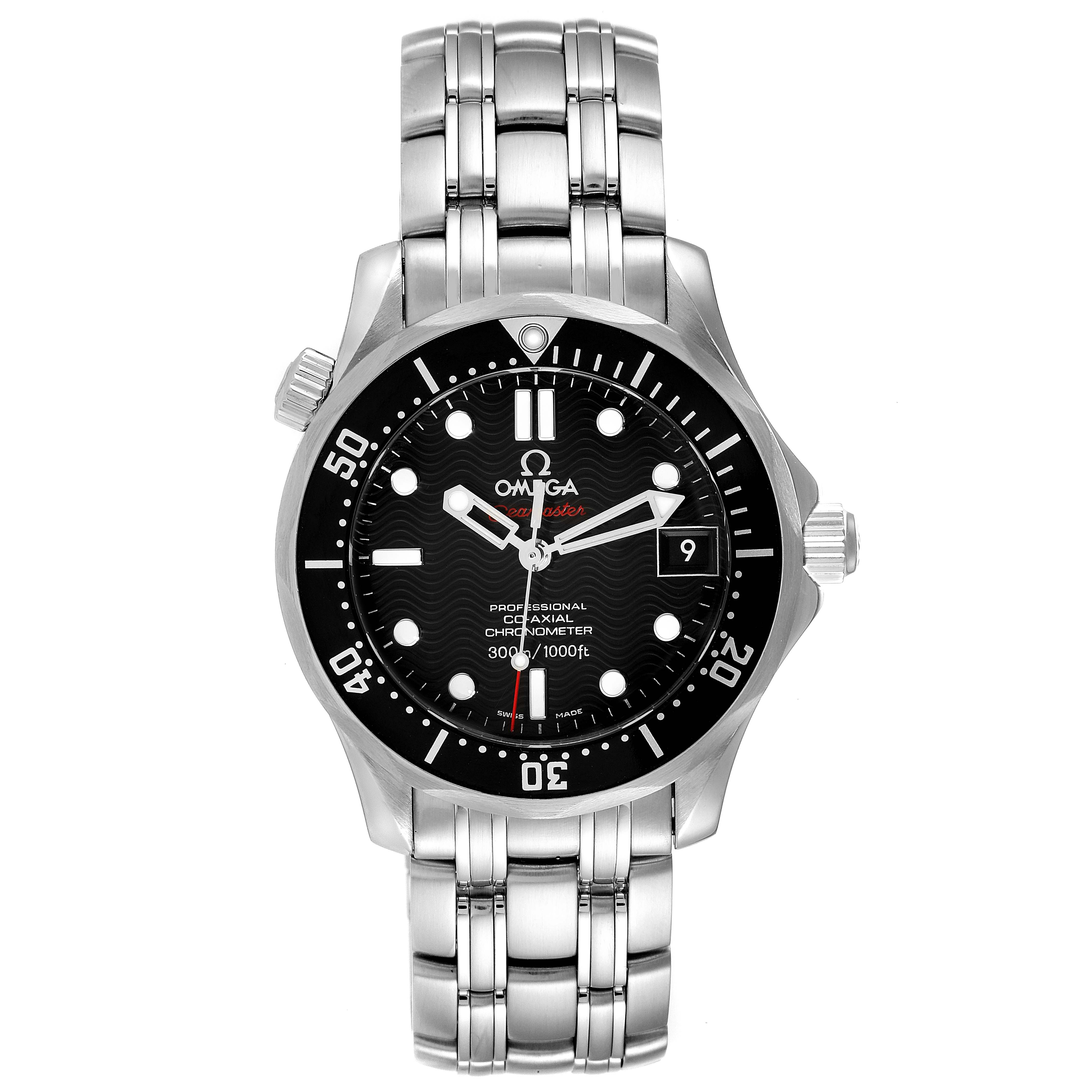 The Omega Seamaster 212.30.36.20.01.001 Men's Stainless Steel Black Dial 212.30.36.20.01.001 Men's Stainless Steel Black Dial watch is shown from a front angle, displaying the face, bezel, hour markers, hands, and stainless steel bracelet.