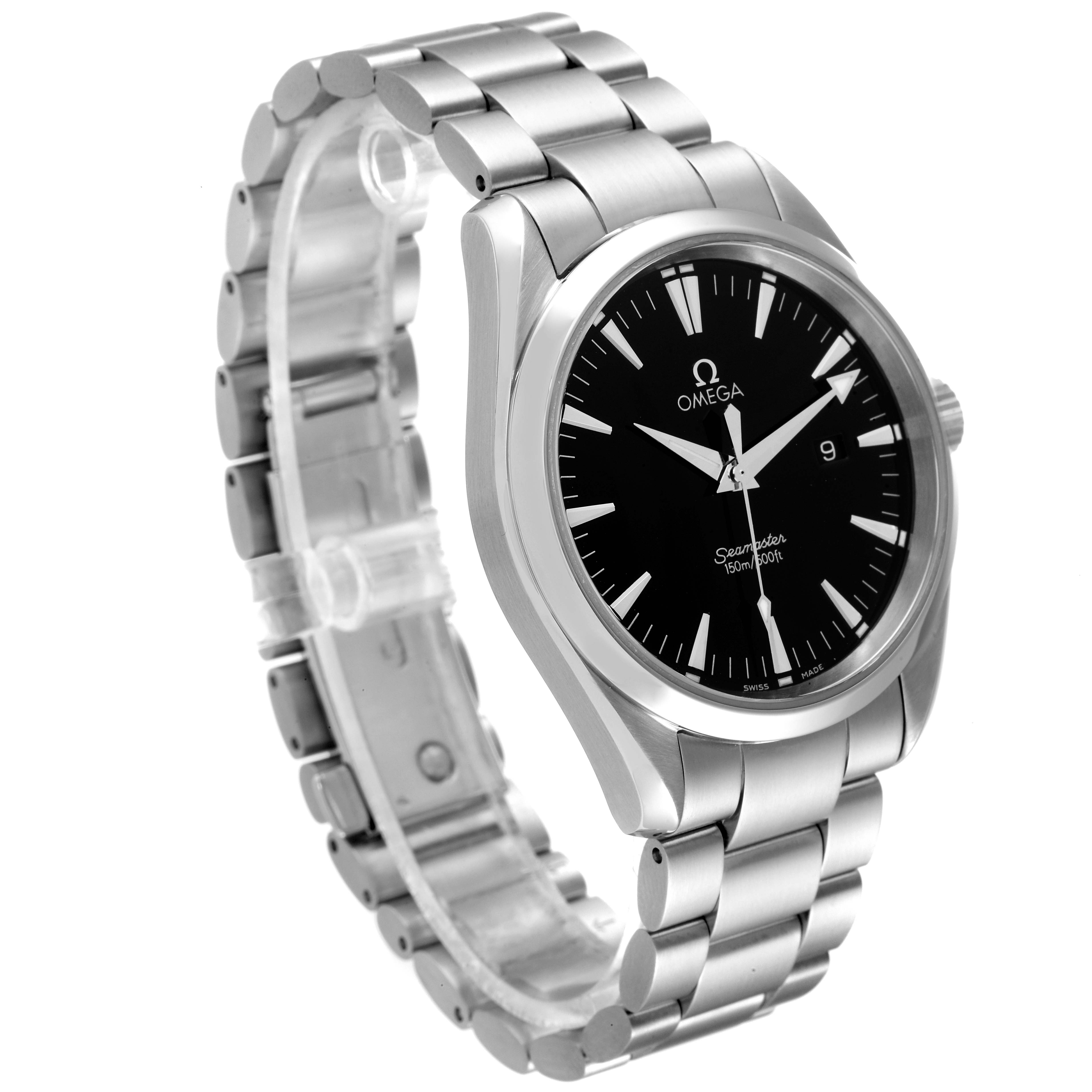 The Omega Aqua Terra 2517.50.00 Men's Stainless Steel Black Dial 2517.50.00 Men's Stainless Steel Black Dial watch is shown at a slightly tilted angle, displaying its face, case, and bracelet.