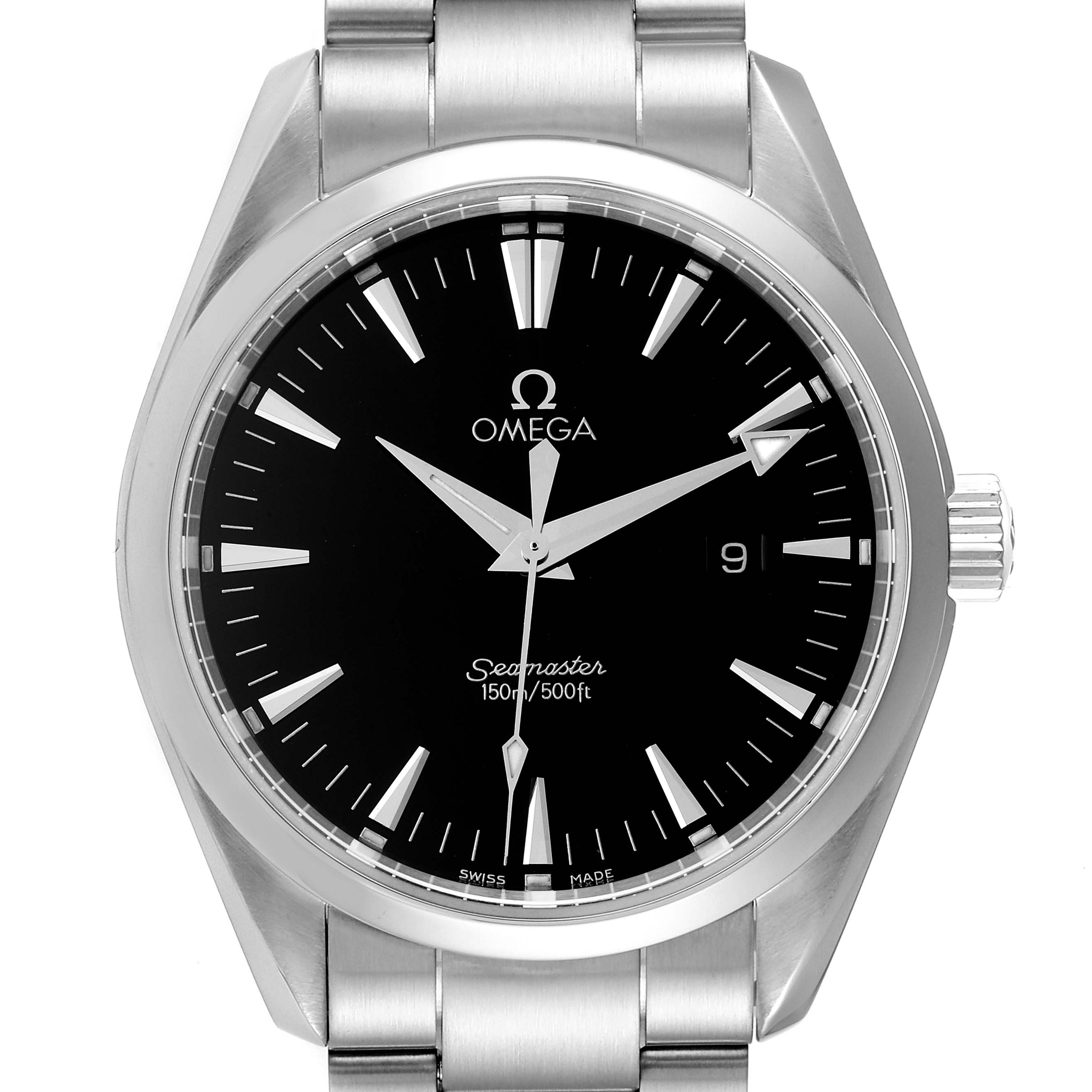 The Omega Aqua Terra 2517.50.00 Men's Stainless Steel Black Dial 2517.50.00 Men's Stainless Steel Black Dial watch is shown from a front angle, displaying the dial, bezel, crown, and part of the bracelet.