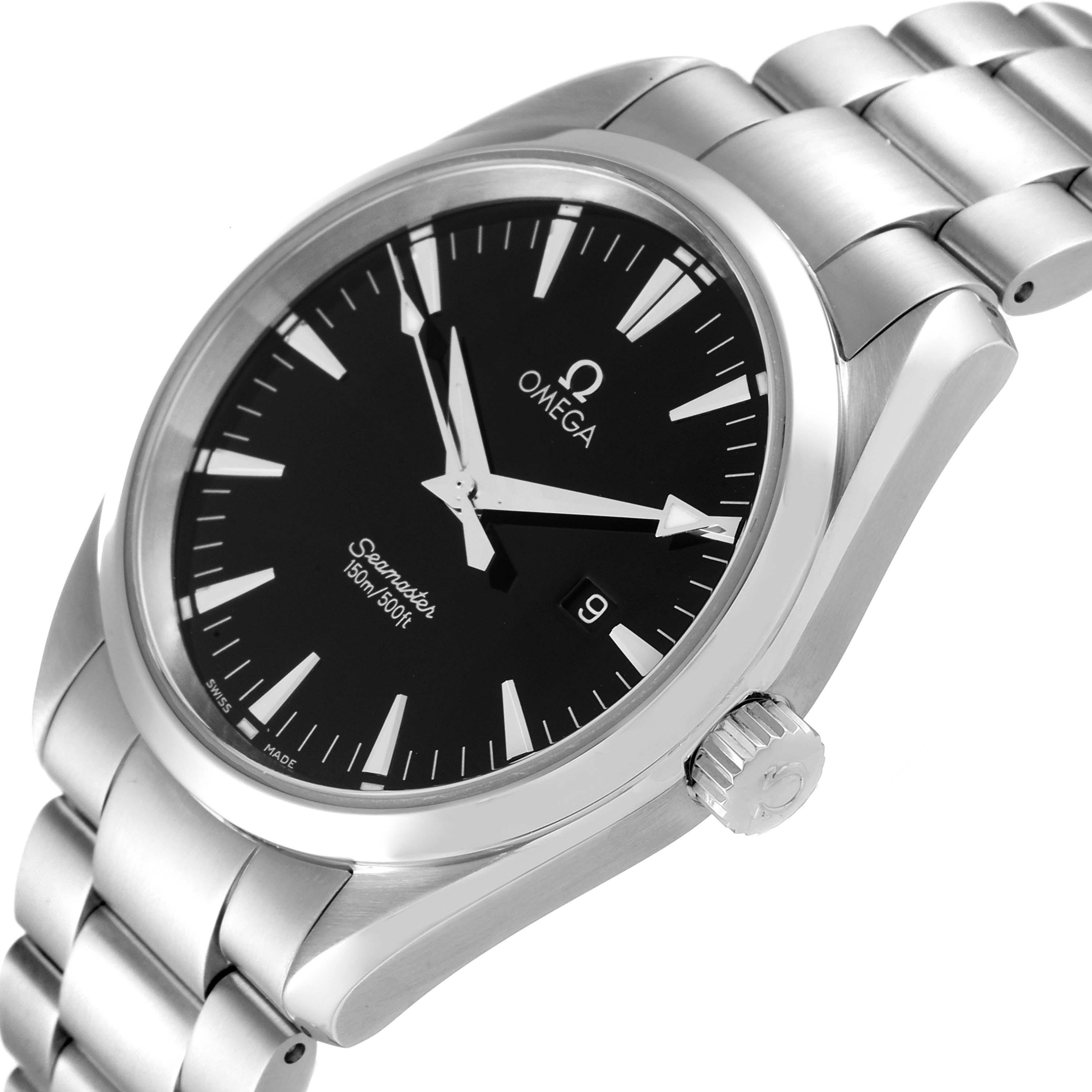 This image shows an Omega Aqua Terra 2517.50.00 Men's Stainless Steel Black Dial 2517.50.00 Men's Stainless Steel Black Dial model watch at an angle highlighting its dial, bezel, crown, and stainless steel bracelet.