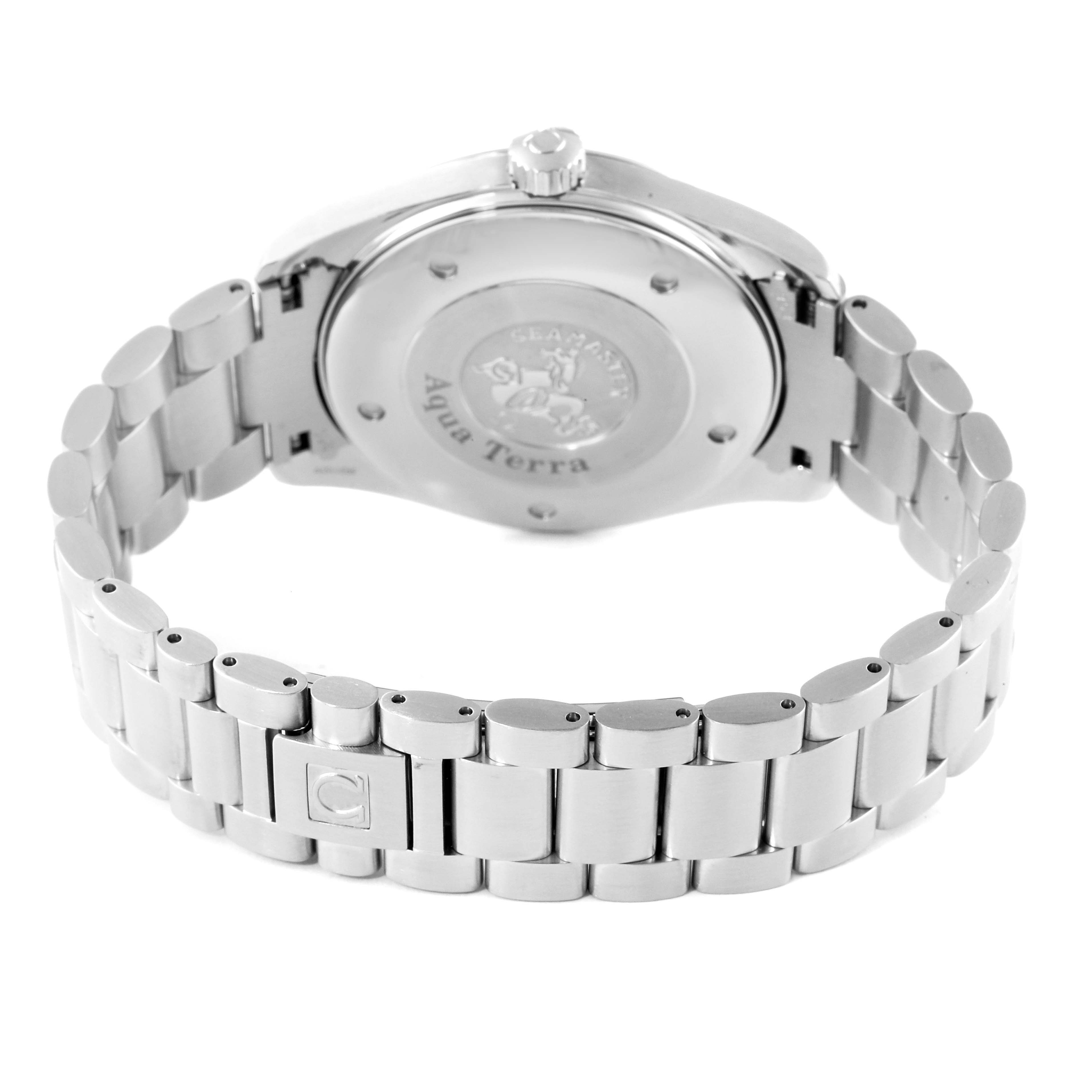 The image shows the backside and bracelet of the Omega Aqua Terra 2517.50.00 Men's Stainless Steel Black Dial 2517.50.00 Men's Stainless Steel Black Dial watch at a rear angle.