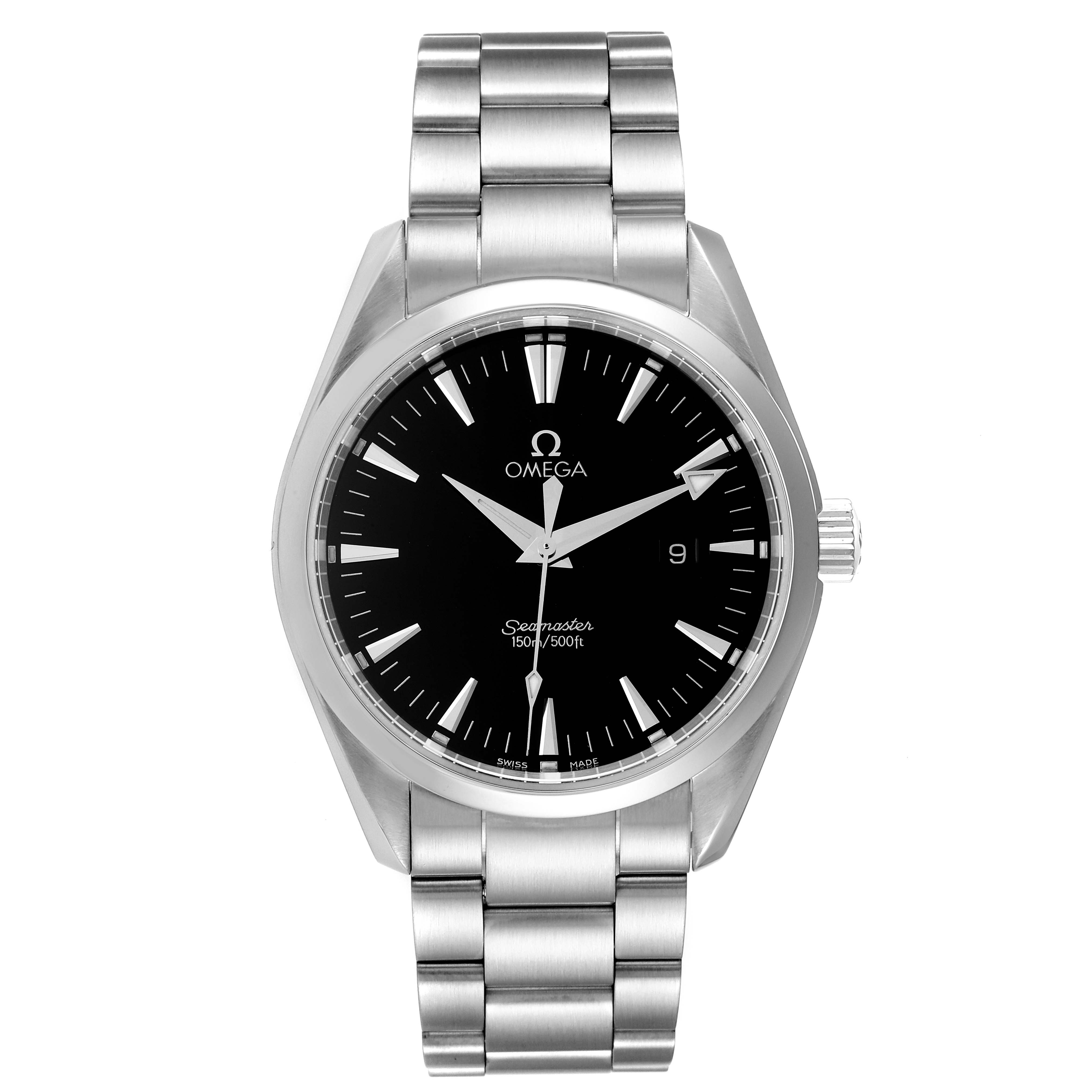 The image shows a front view of the Omega Aqua Terra 2517.50.00 Men's Stainless Steel Black Dial 2517.50.00 Men's Stainless Steel Black Dial watch, highlighting its black dial, stainless steel bracelet, and crown.
