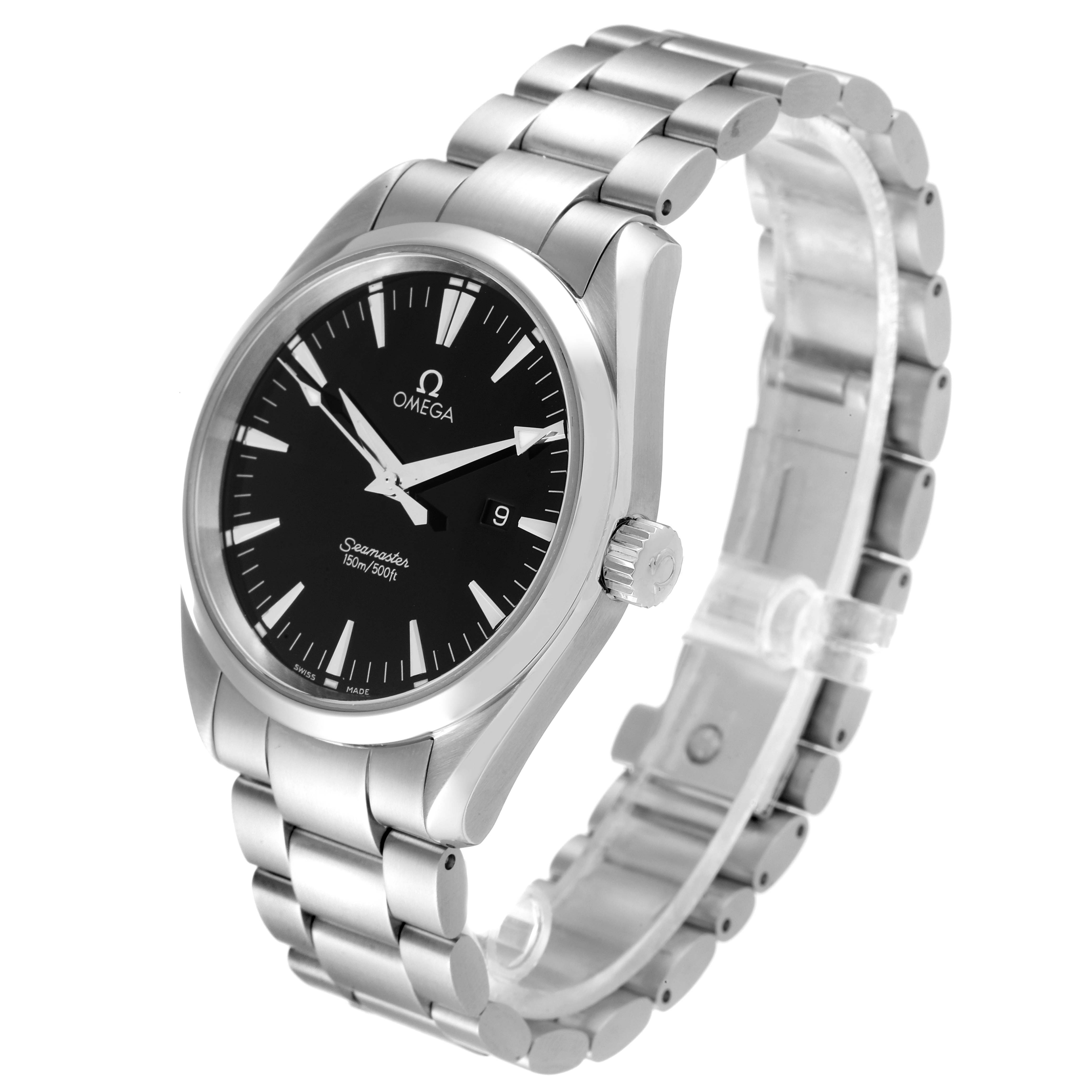This image shows an Omega Aqua Terra 2517.50.00 Men's Stainless Steel Black Dial 2517.50.00 Men's Stainless Steel Black Dial watch from a three-quarter angle, highlighting its face, dial, crown, and metal bracelet.