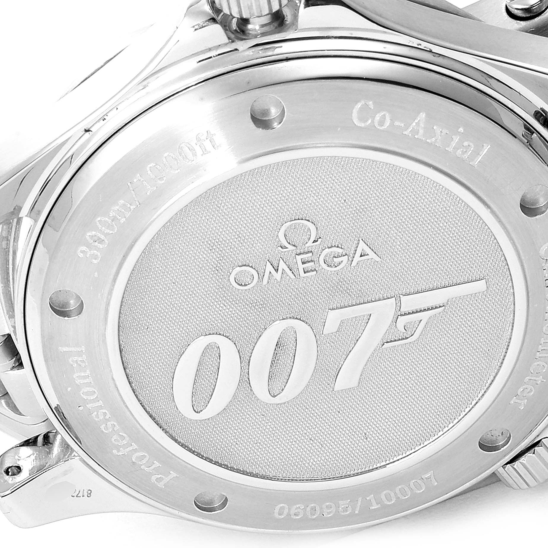 This image shows the case back of the Omega Seamaster 2226.80.00 Men's Stainless Steel Blue Dial 2226.80.00 Men's Stainless Steel Blue Dial watch, featuring "007" and branding engravings.