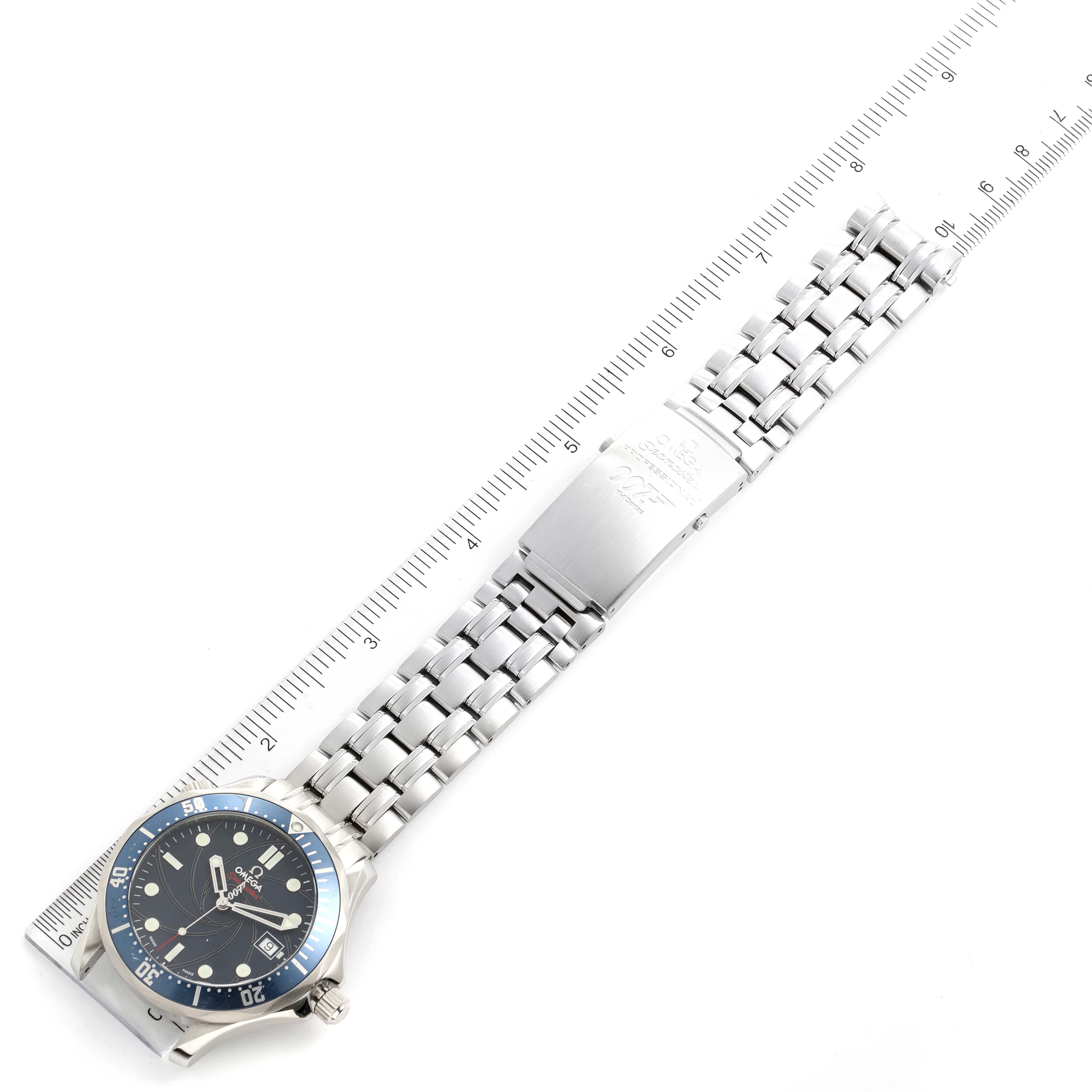 The Omega Seamaster 2226.80.00 Men's Stainless Steel Blue Dial 2226.80.00 Men's Stainless Steel Blue Dial watch is shown entirely from a top-down angle with its face, bracelet, and clasp visible.