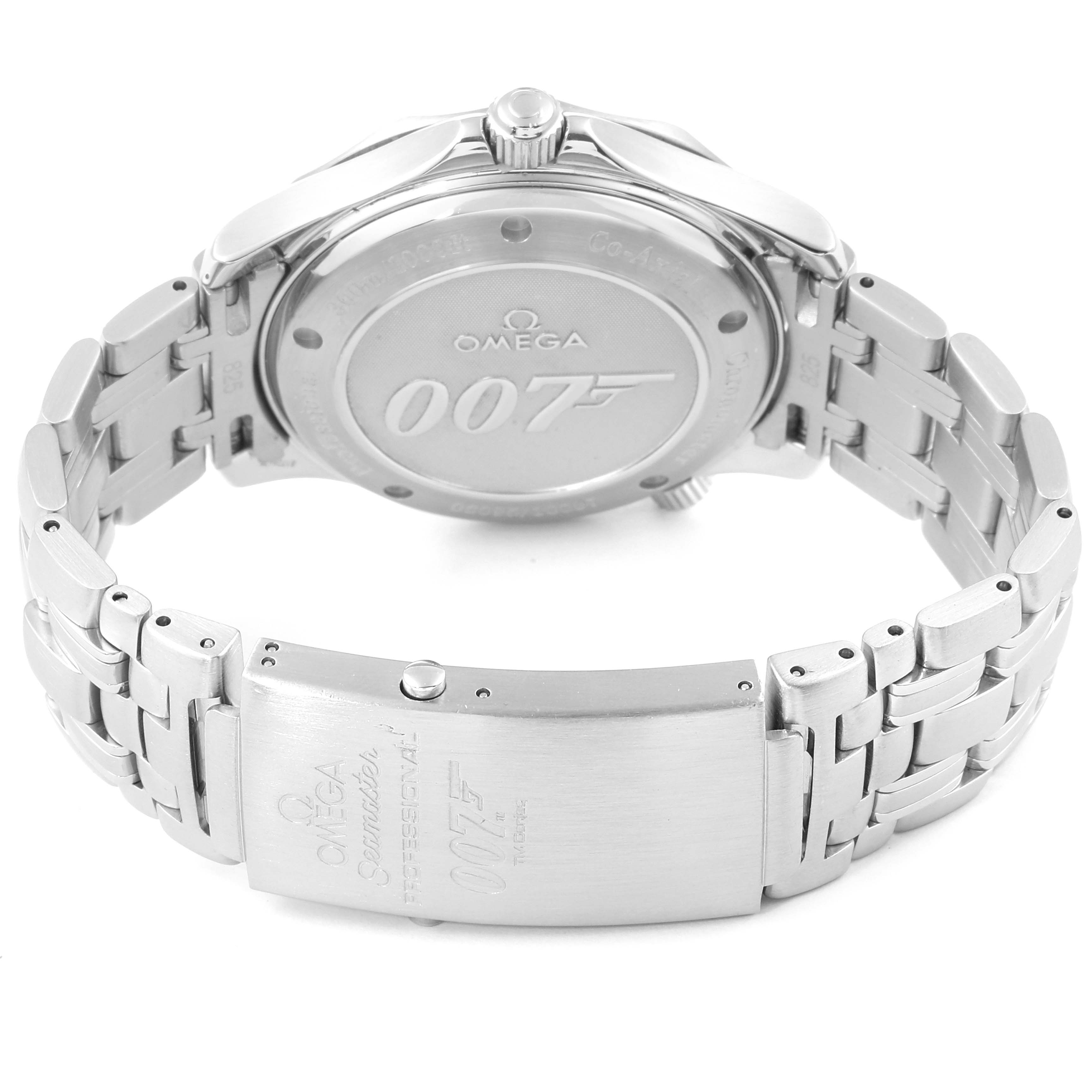 The image shows the back and clasp of an Omega Seamaster 2226.80.00 Men's Stainless Steel Blue Dial 2226.80.00 Men's Stainless Steel Blue Dial watch, highlighting the '007' engraving on the case back.