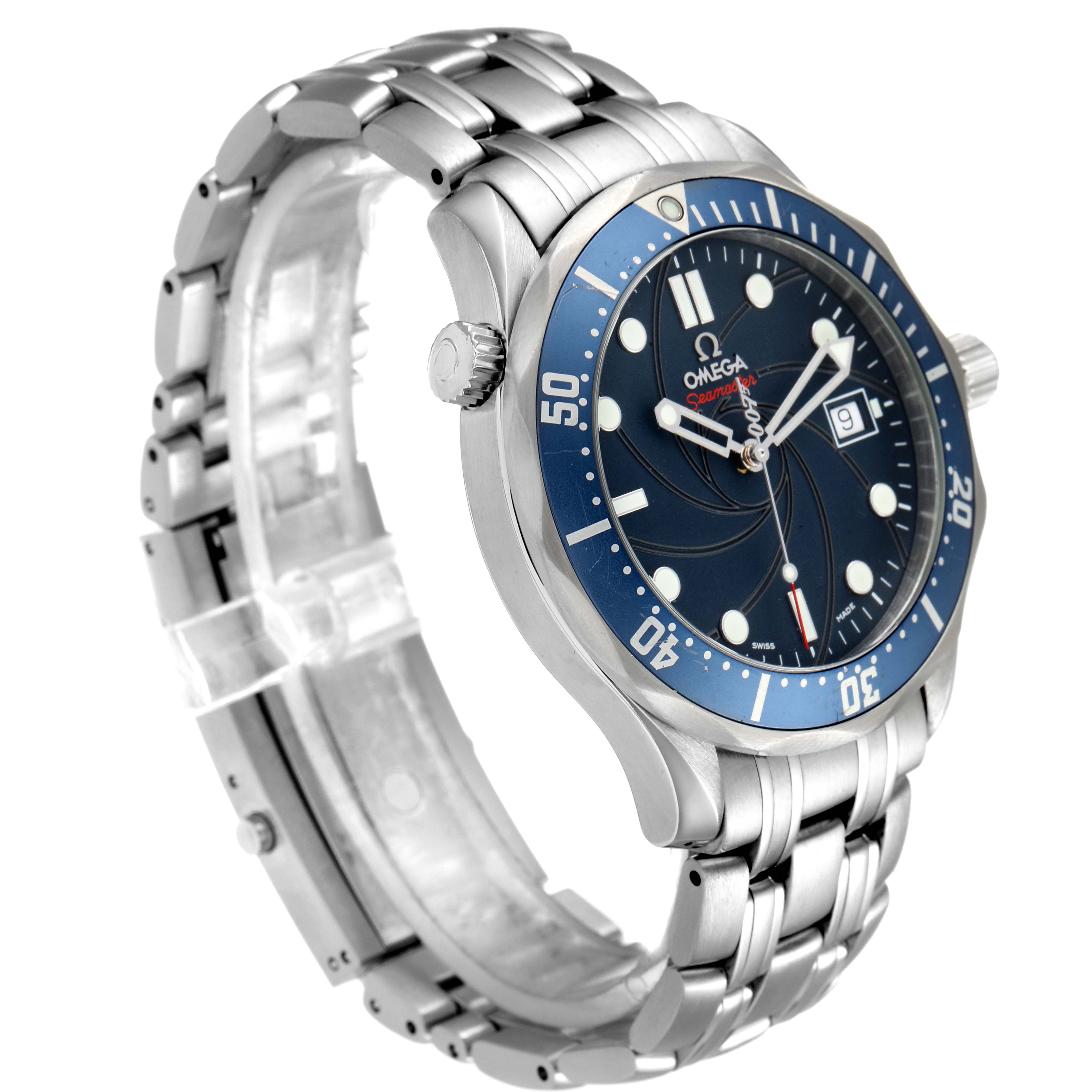 The image shows a side angle view of an Omega Seamaster 2226.80.00 Men's Stainless Steel Blue Dial 2226.80.00 Men's Stainless Steel Blue Dial watch, highlighting the bezel, dial, bracelet, and crown.