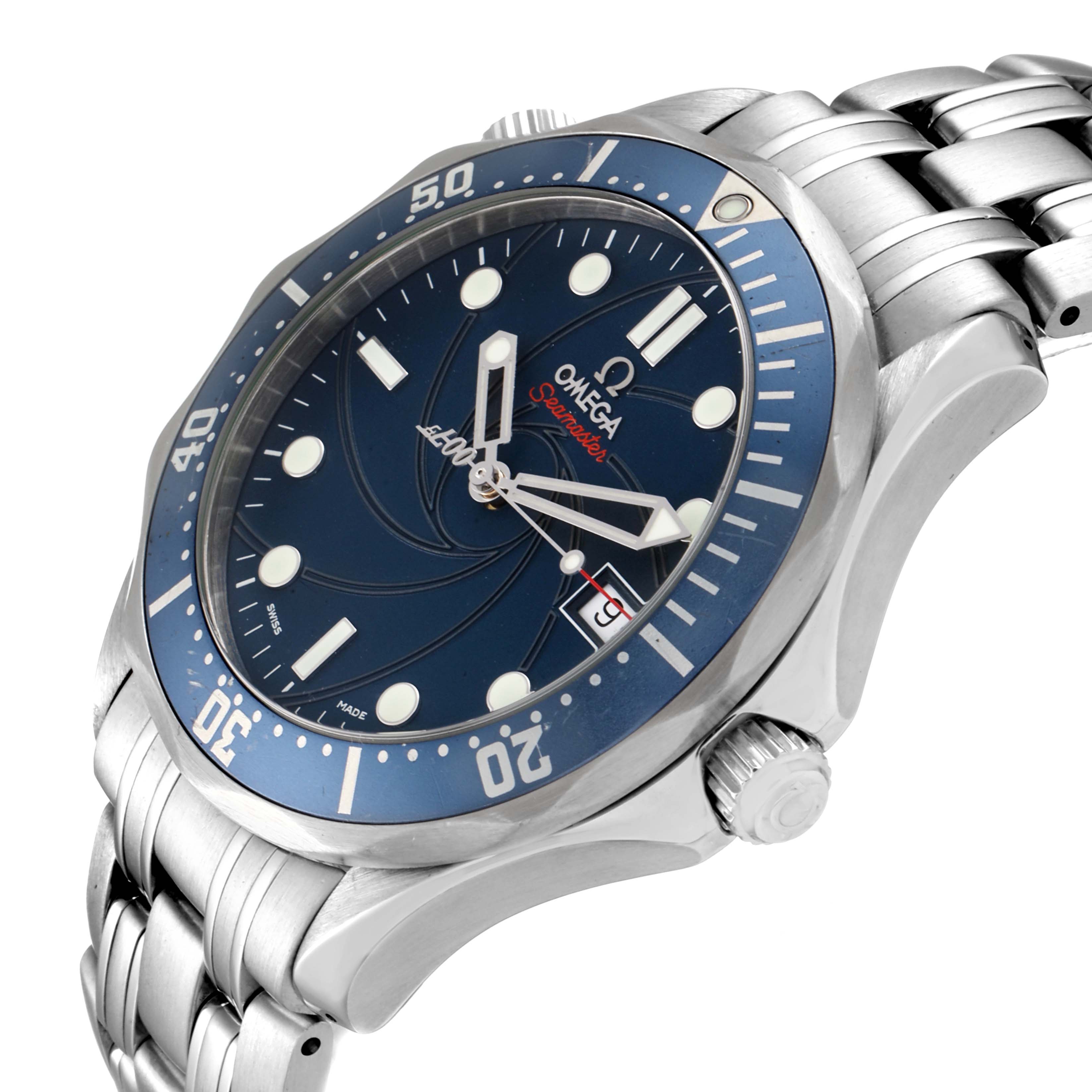 The image shows a three-quarter view of the Omega Seamaster 2226.80.00 Men's Stainless Steel Blue Dial 2226.80.00 Men's Stainless Steel Blue Dial watch, showcasing its face, bezel, and bracelet.