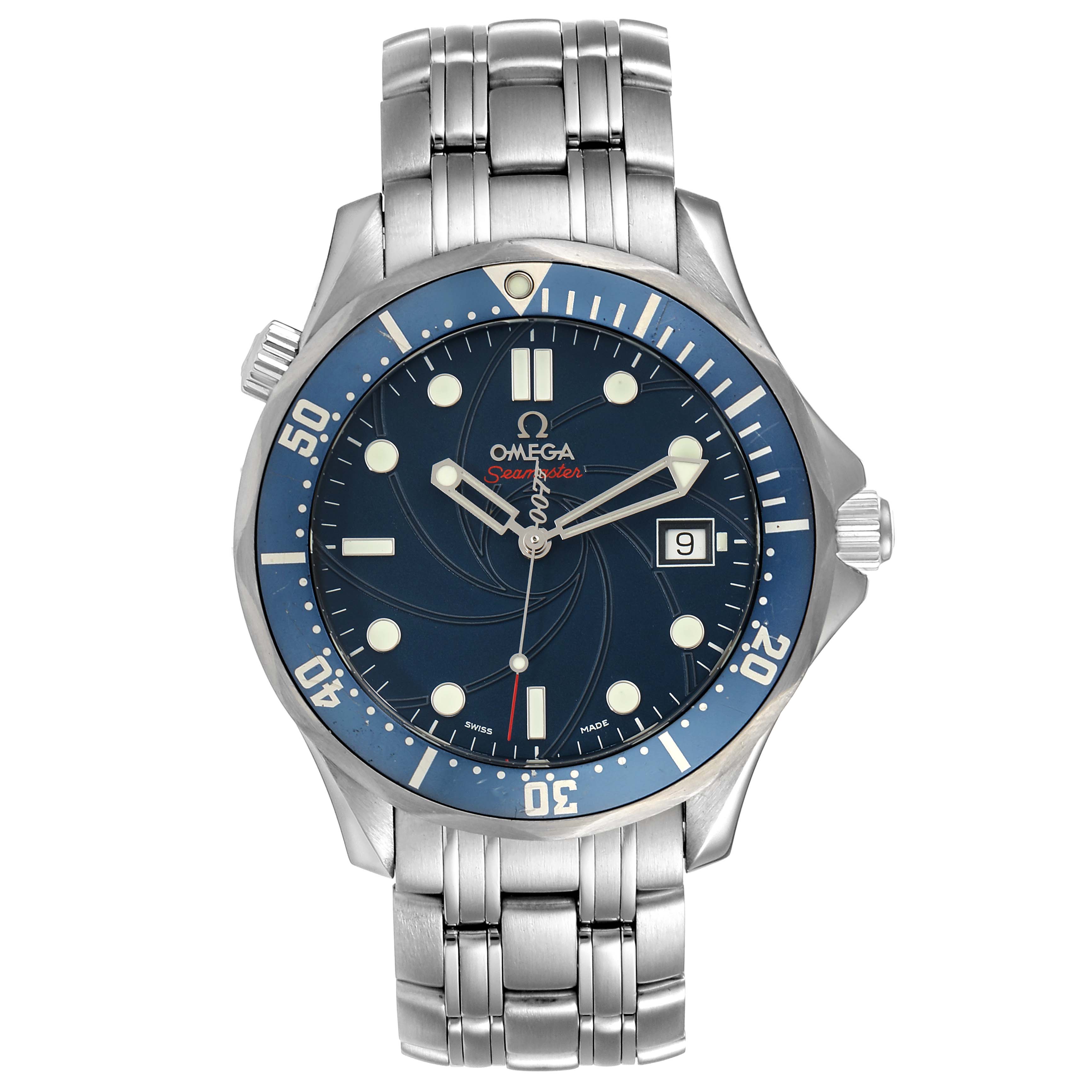 This image shows a front view of an Omega Seamaster 2226.80.00 Men's Stainless Steel Blue Dial 2226.80.00 Men's Stainless Steel Blue Dial watch, highlighting its dial, bezel, hands, and bracelet.
