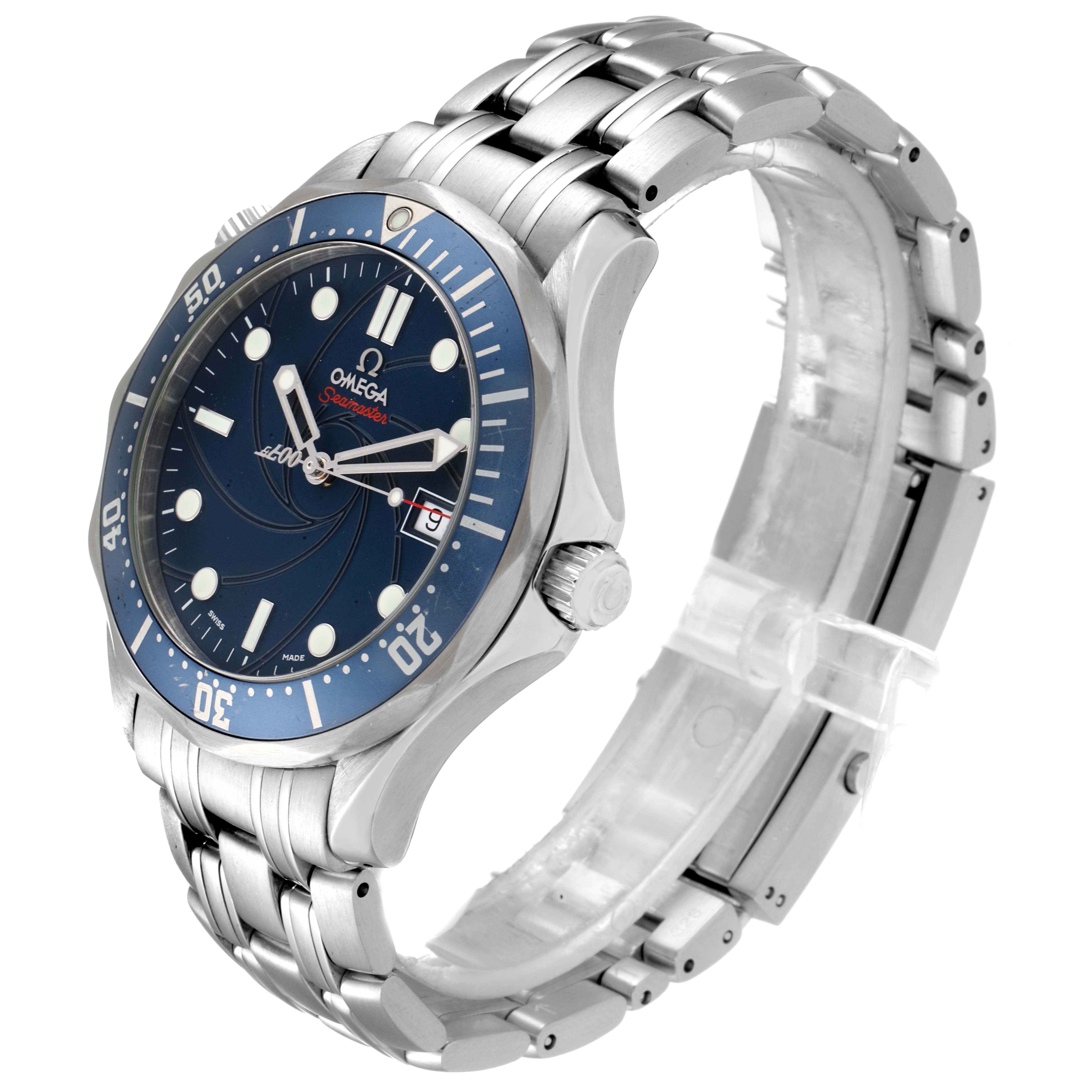 The Omega Seamaster 2226.80.00 Men's Stainless Steel Blue Dial 2226.80.00 Men's Stainless Steel Blue Dial watch is shown at an angled side view, displaying the face, bezel, crown, and bracelet.