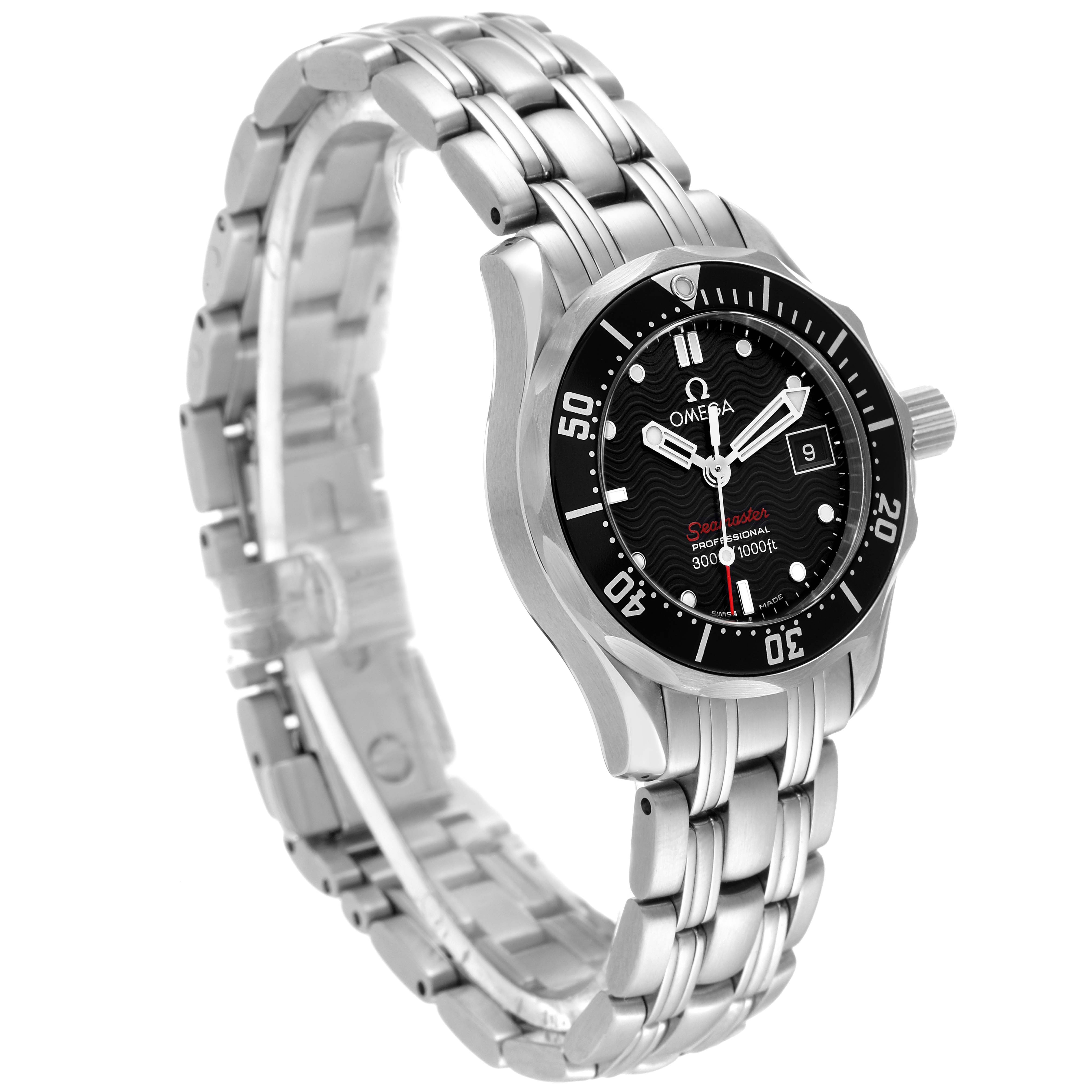 This Omega 212.30.28.61.01.001 Women
s Stainless Steel Black Dial 212.30.28.61.01.001 Women
s Stainless Steel Black Dial Seamaster Diver 300M 28mm Steel Ladies Watch model 212.30.28.61.01.001 is shown at a slight angle highlighting its bracelet and face.