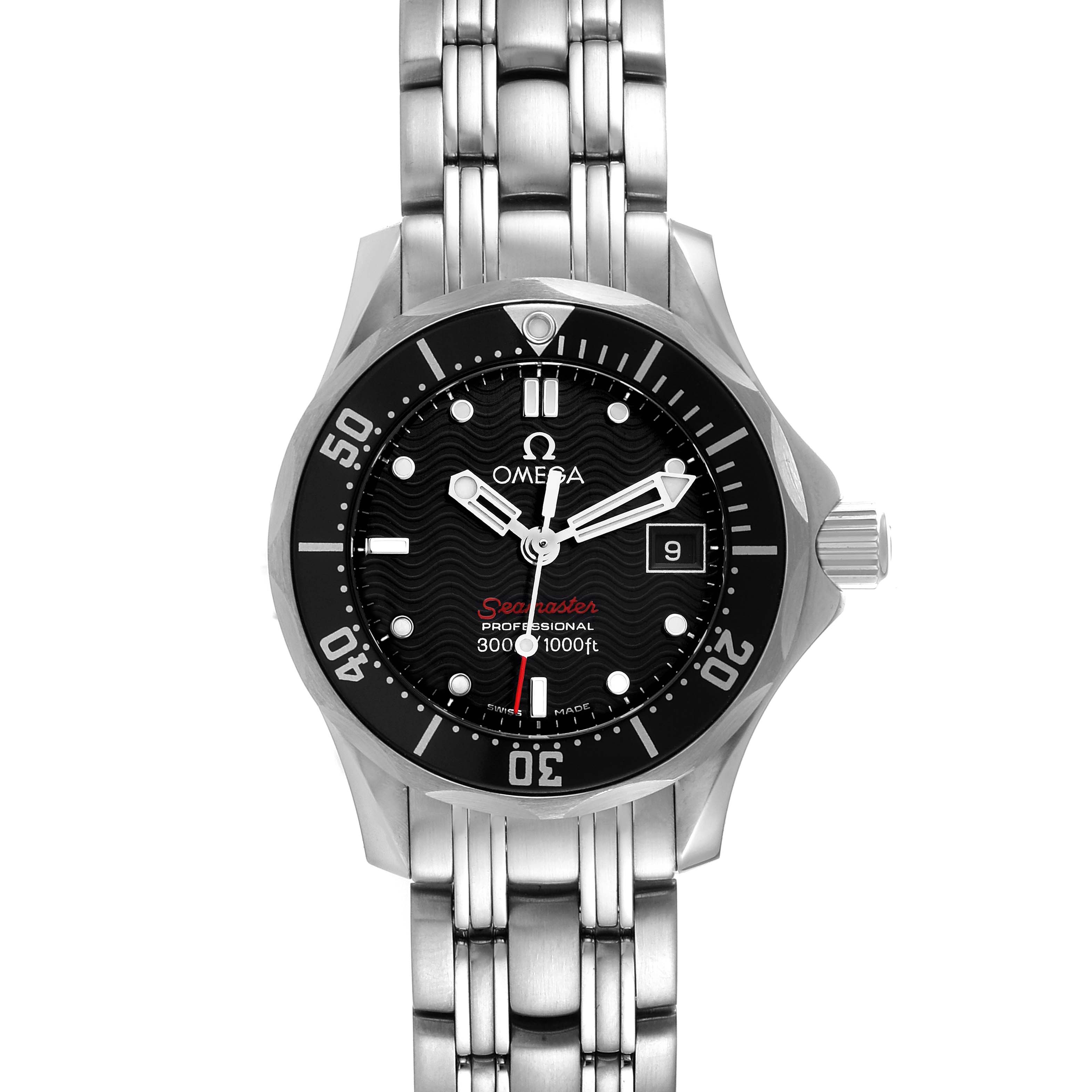 The image shows a front view of the Omega 212.30.28.61.01.001 Women
s Stainless Steel Black Dial 212.30.28.61.01.001 Women
s Stainless Steel Black Dial Seamaster Diver 300M 28mm Steel Ladies Watch 212.30.28.61.01.001, displaying the dial, bezel, and bracelet.