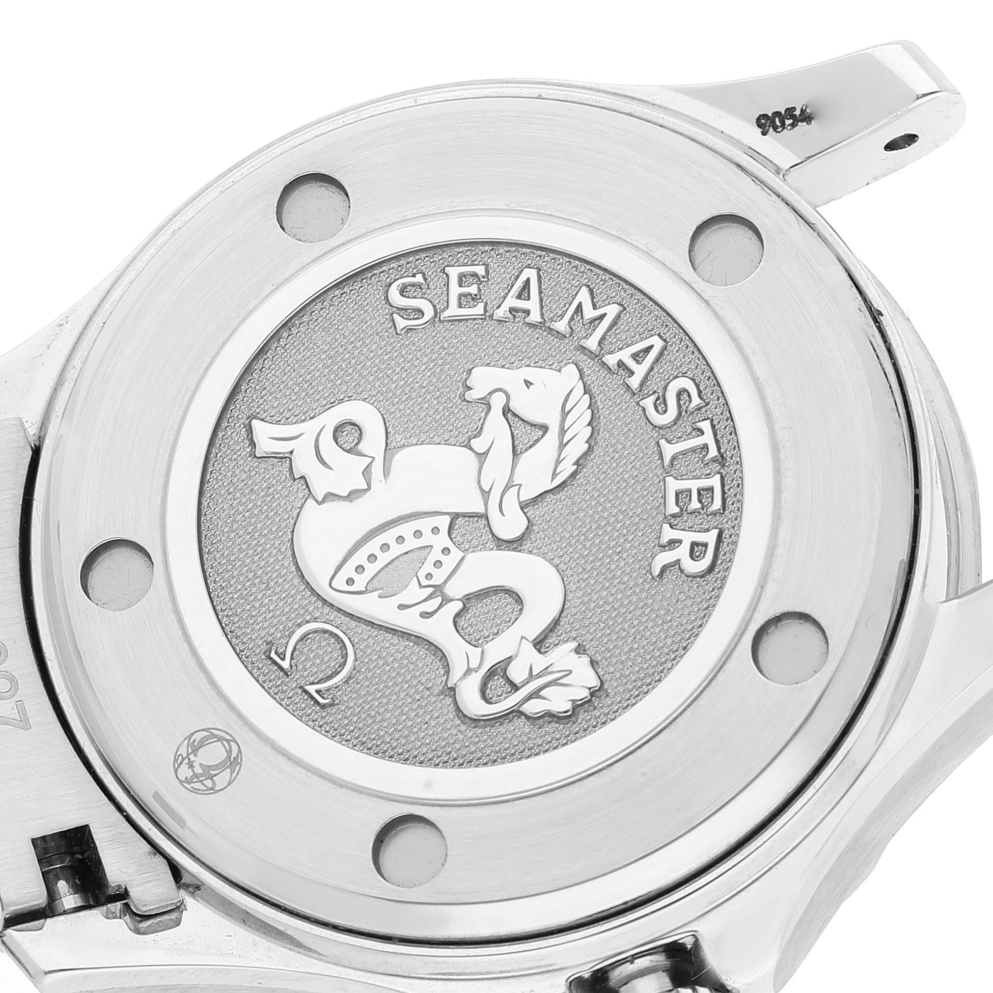 This image shows the caseback of the Omega 212.30.28.61.01.001 Women
s Stainless Steel Black Dial 212.30.28.61.01.001 Women
s Stainless Steel Black Dial Seamaster Diver 300M 28mm Steel Ladies Watch, model 212.30.28.61.01.001.