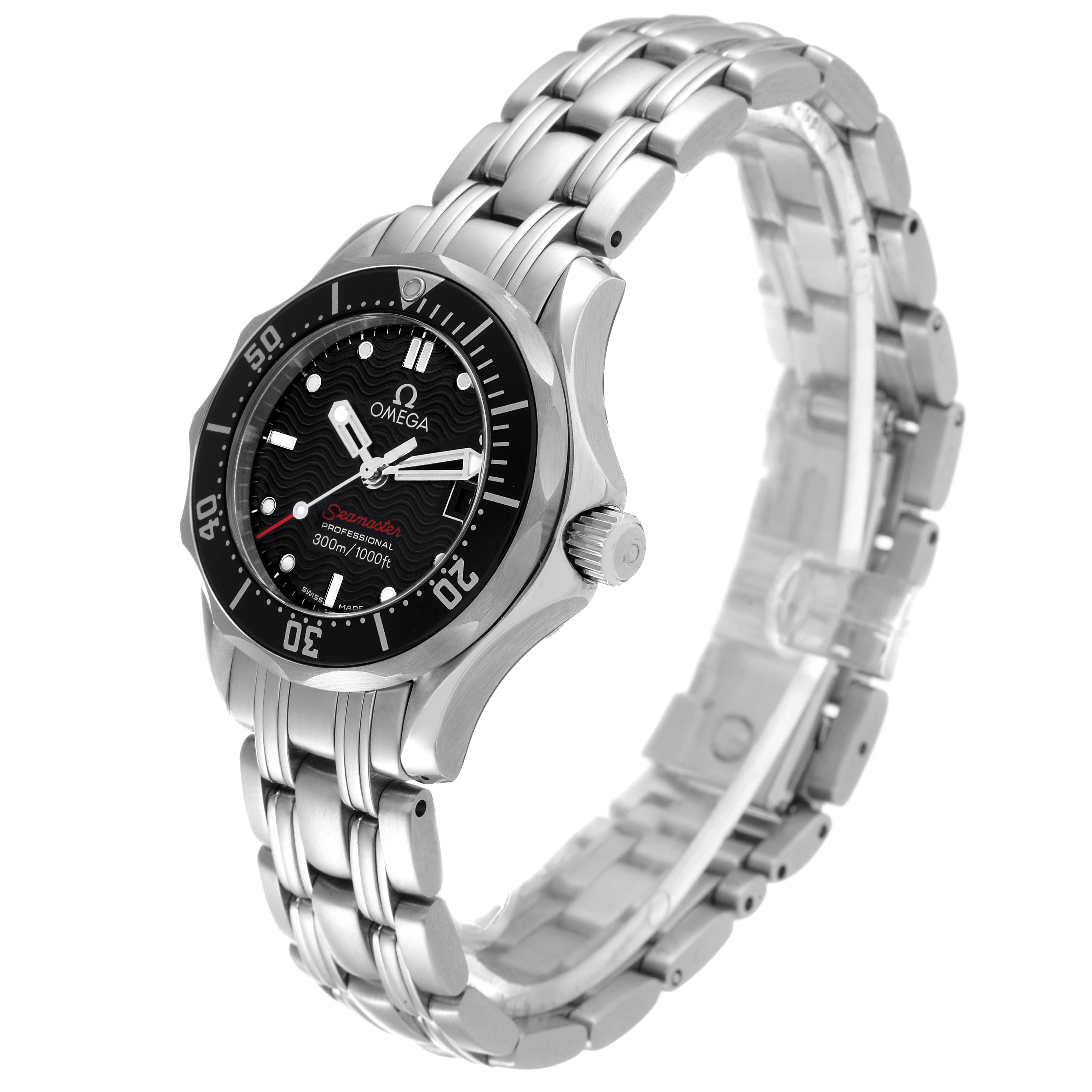 The Omega 212.30.28.61.01.001 Women
s Stainless Steel Black Dial 212.30.28.61.01.001 Women
s Stainless Steel Black Dial Seamaster Diver 300M 28mm Steel Ladies Watch model 212.30.28.61.01.001 is shown at a 3/4 angle, highlighting its face and bracelet.