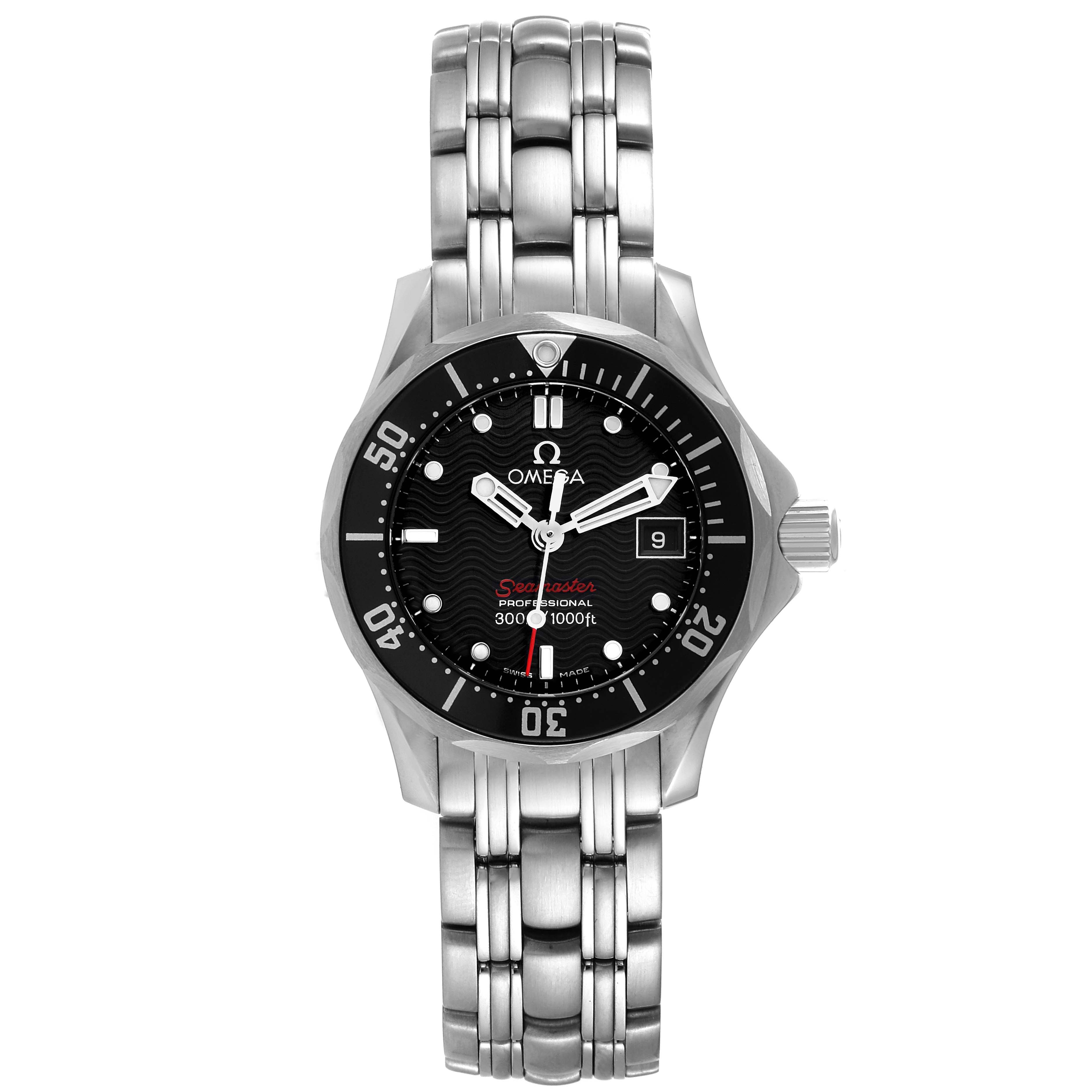 The image shows a front view of the Omega 212.30.28.61.01.001 Women
s Stainless Steel Black Dial 212.30.28.61.01.001 Women
s Stainless Steel Black Dial Seamaster Diver 300M 28mm 212.30.28.61.01.001 steel ladies watch, displaying the dial, bezel, and bracelet.