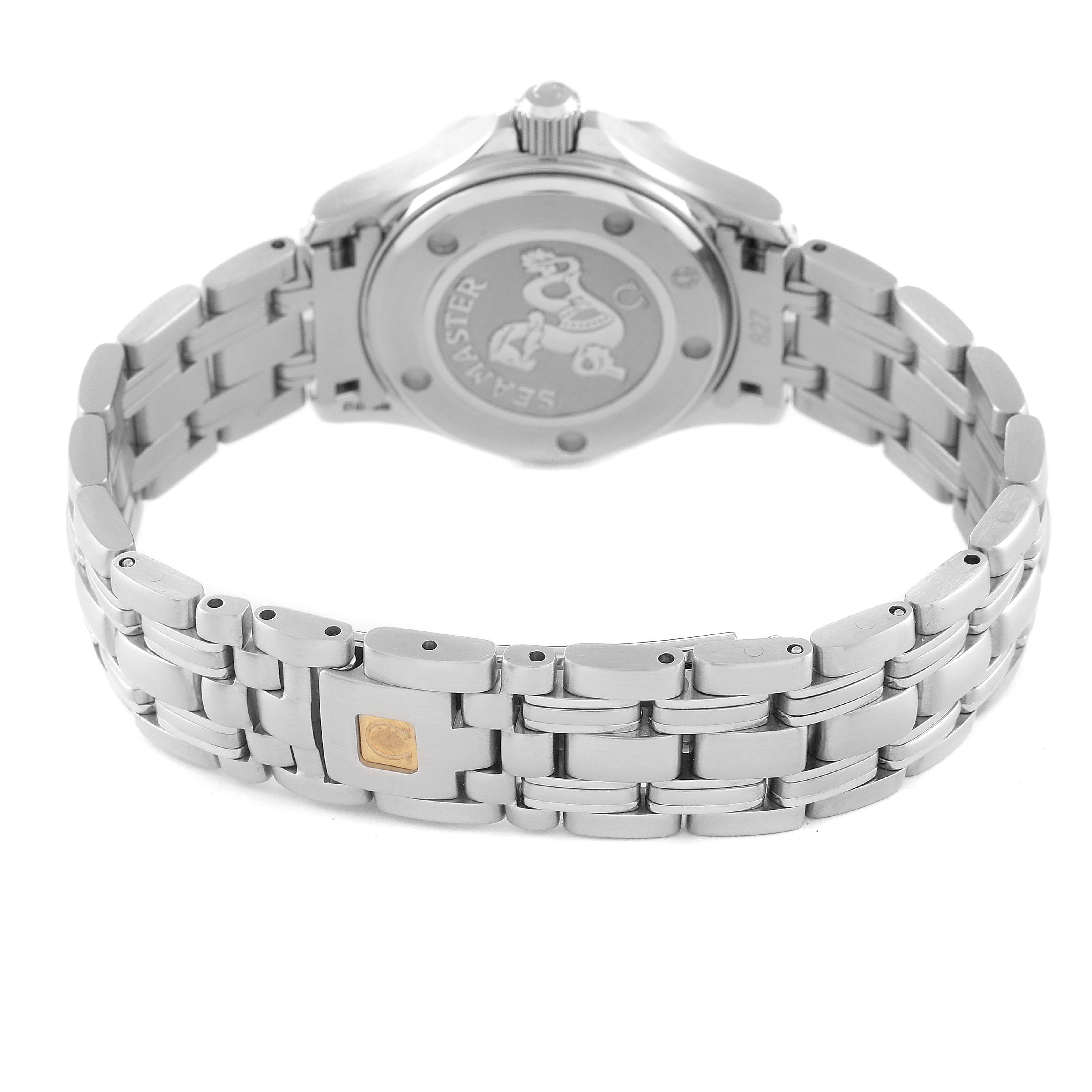 The image shows the back view of the Omega 212.30.28.61.01.001 Women
s Stainless Steel Black Dial 212.30.28.61.01.001 Women
s Stainless Steel Black Dial Seamaster Diver 300M 28mm Steel Ladies Watch 212.30.28.61.01.001, highlighting the bracelet and case back.