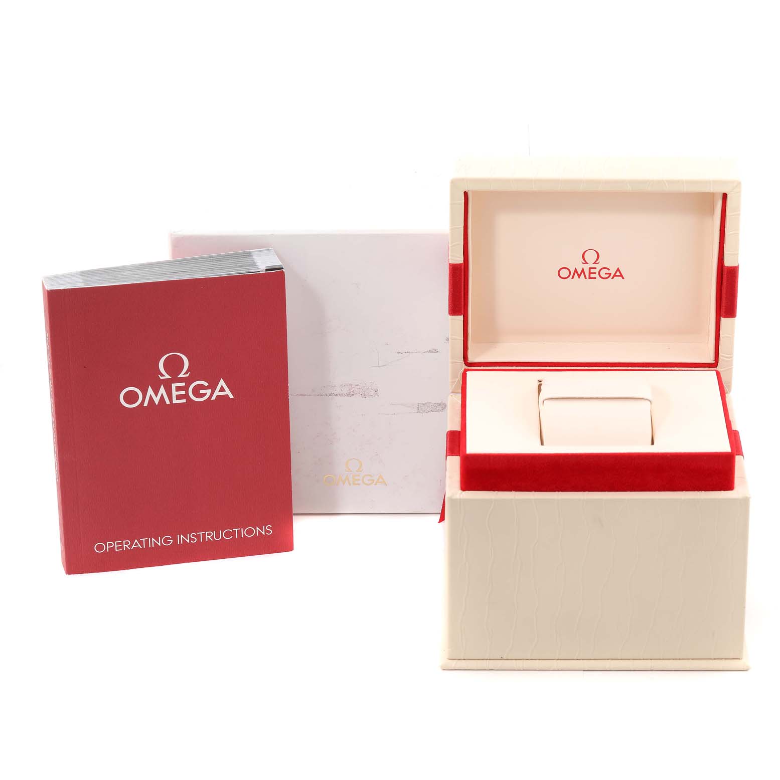 The image displays the Omega 212.30.28.61.01.001 Women
s Stainless Steel Black Dial 212.30.28.61.01.001 Women
s Stainless Steel Black Dial Seamaster Diver 300M 28mm Steel Ladies Watch 212.30.28.61.01.001 packaging, including the box and operating instructions.