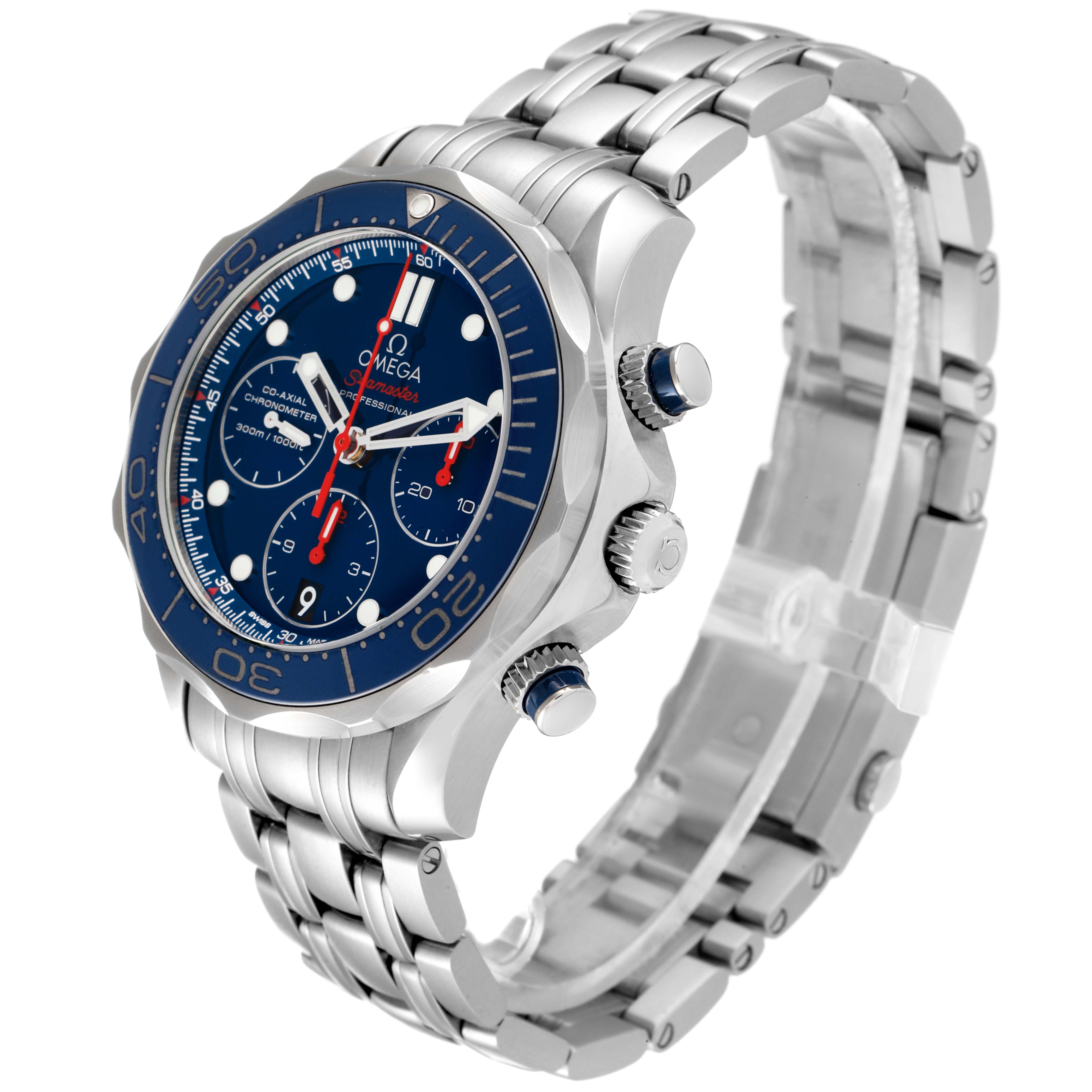 The Omega Seamaster 212.30.42.50.03.001 Men
s Stainless Steel Blue Dial 212.30.42.50.03.001 Men
s Stainless Steel Blue Dial watch is shown at an angle displaying the face, crown, pushers, and metal bracelet.