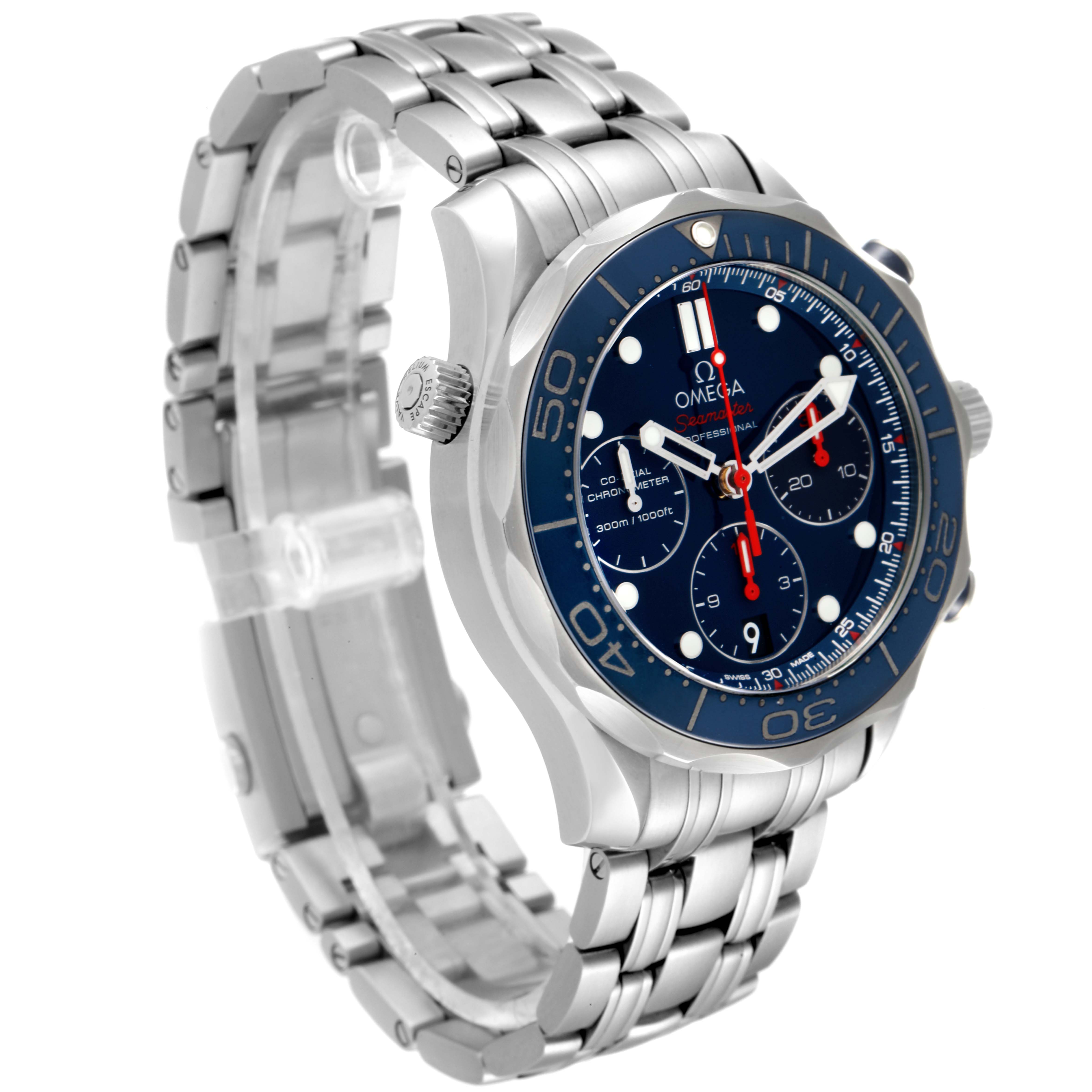 This image shows a side angle of the Omega Seamaster 212.30.42.50.03.001 Men
s Stainless Steel Blue Dial 212.30.42.50.03.001 Men
s Stainless Steel Blue Dial watch, highlighting the dial, bezel, crown, and stainless steel bracelet.