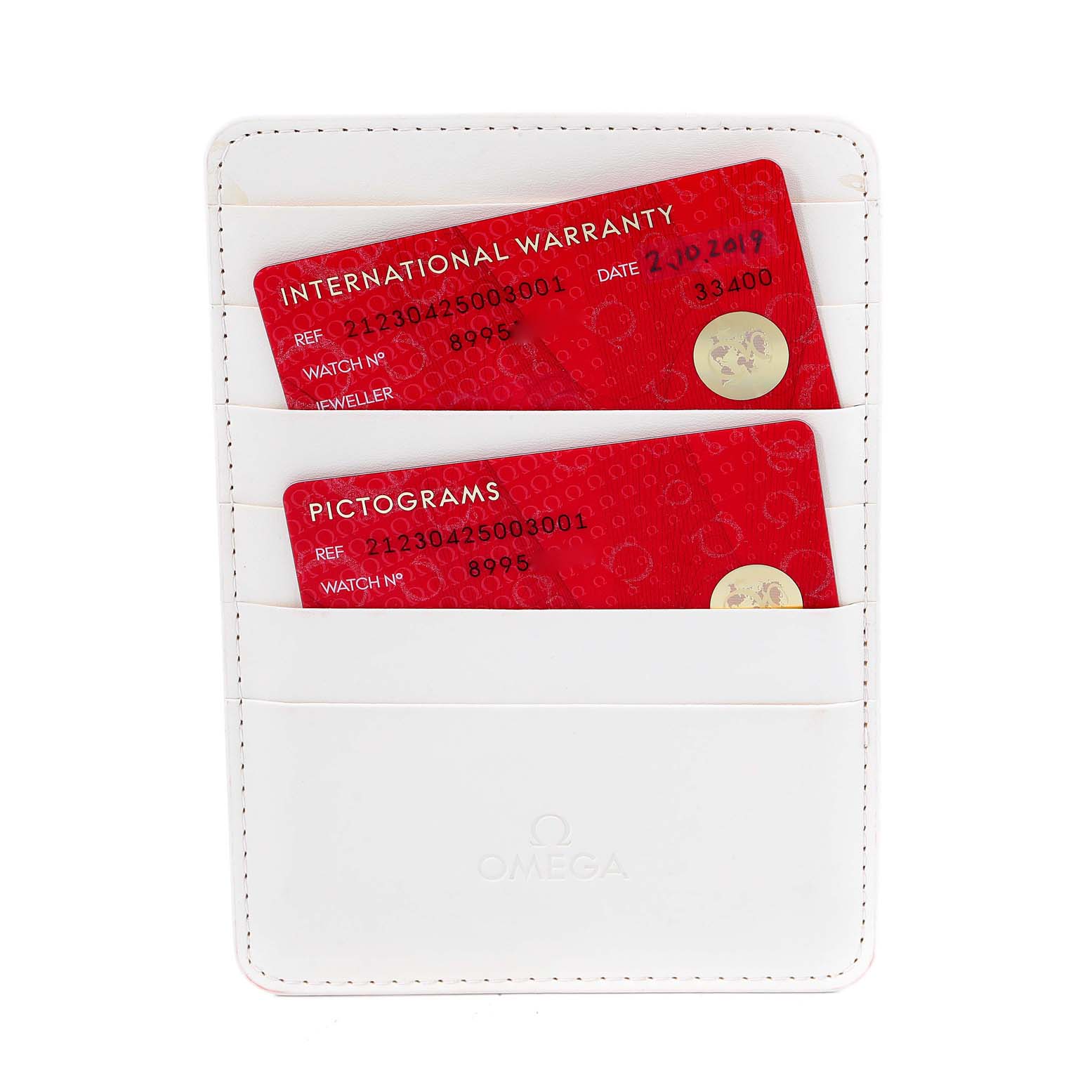 The image shows the warranty cards for the Omega Seamaster 212.30.42.50.03.001 Men
s Stainless Steel Blue Dial 212.30.42.50.03.001 Men
s Stainless Steel Blue Dial watch in a white cardholder.