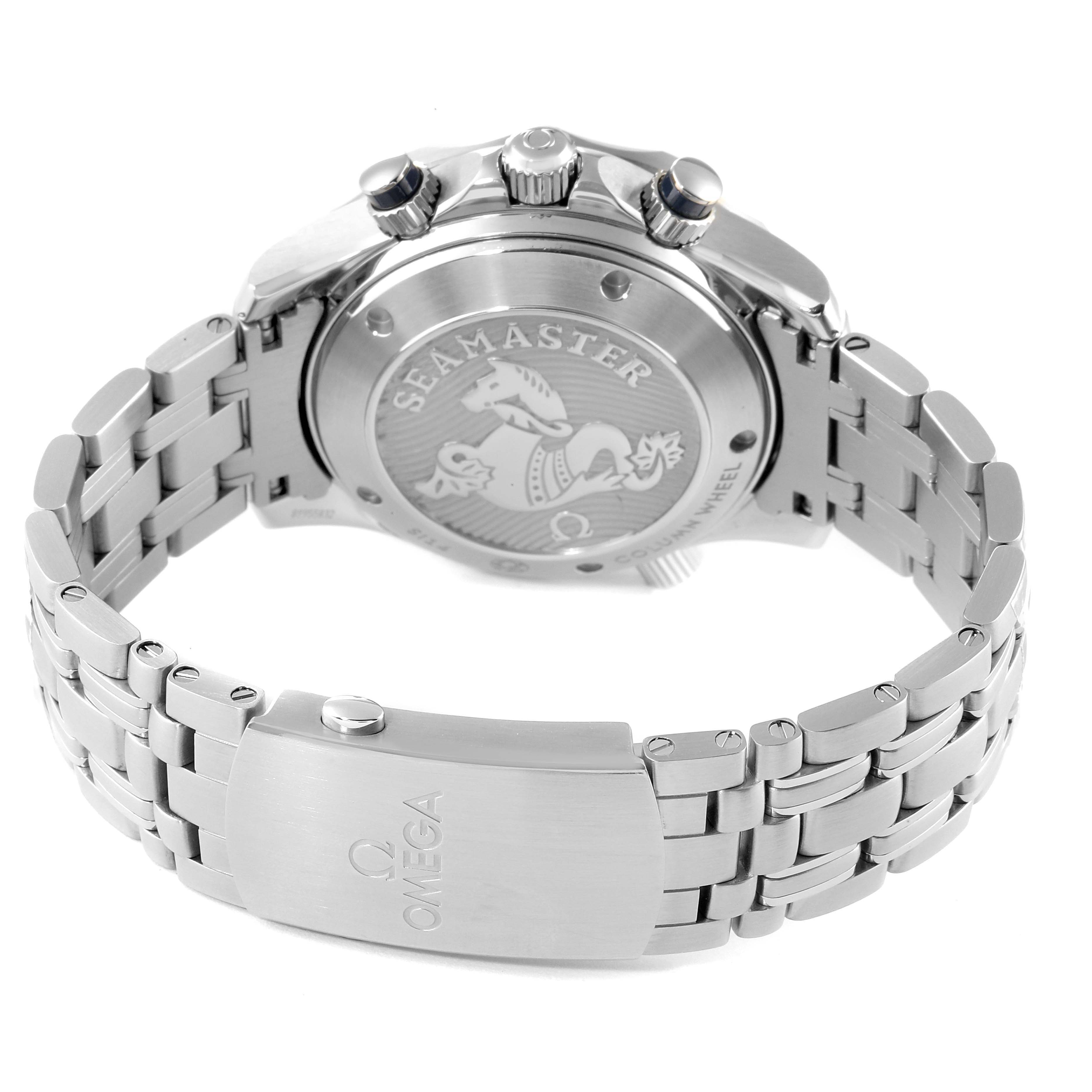 The image shows the back case, clasp, and part of the metal bracelet of the Omega Seamaster 212.30.42.50.03.001 Men
s Stainless Steel Blue Dial 212.30.42.50.03.001 Men
s Stainless Steel Blue Dial watch.