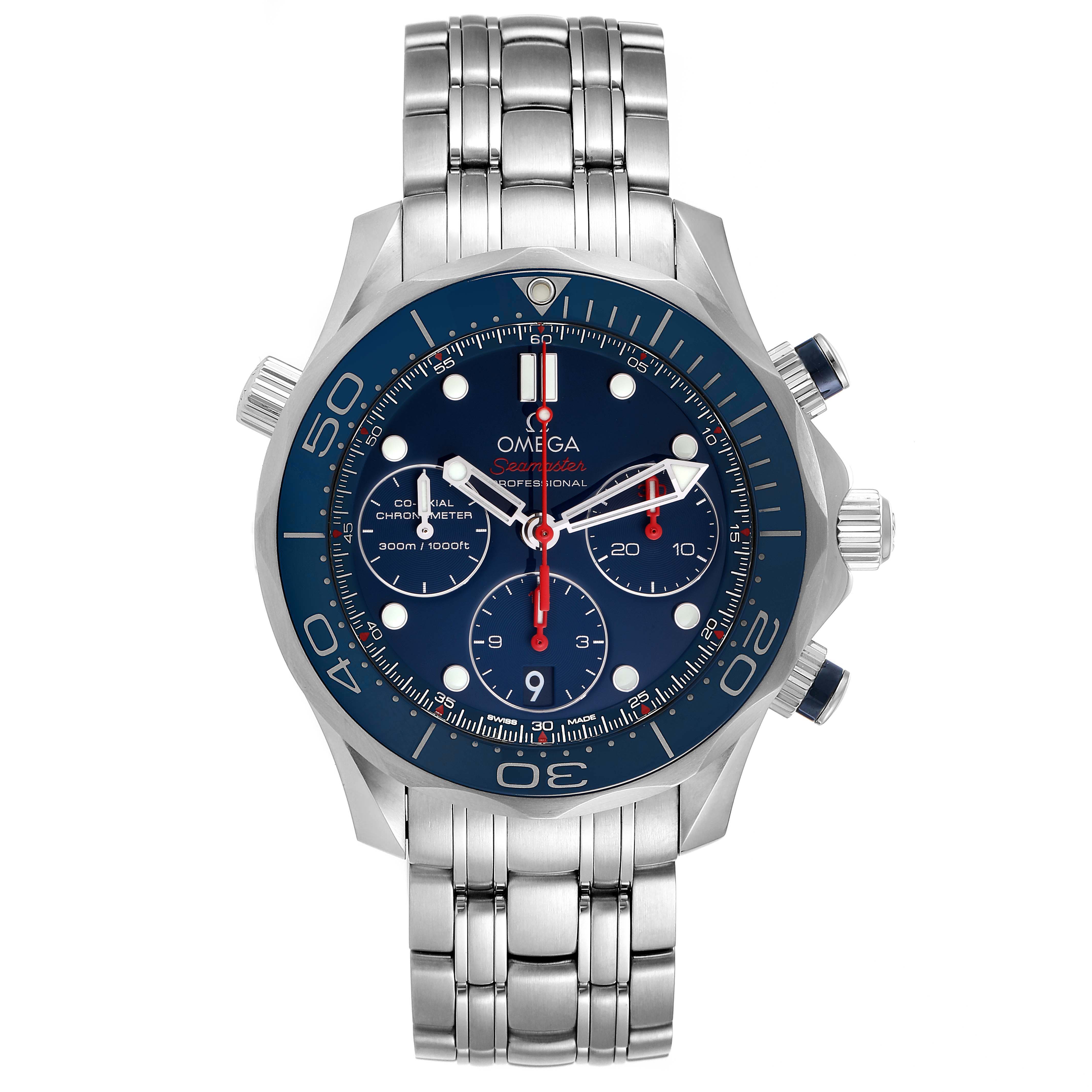 The image shows a frontal view of an Omega Seamaster 212.30.42.50.03.001 Men
s Stainless Steel Blue Dial 212.30.42.50.03.001 Men
s Stainless Steel Blue Dial watch with its blue dial, bezel, and stainless steel bracelet.