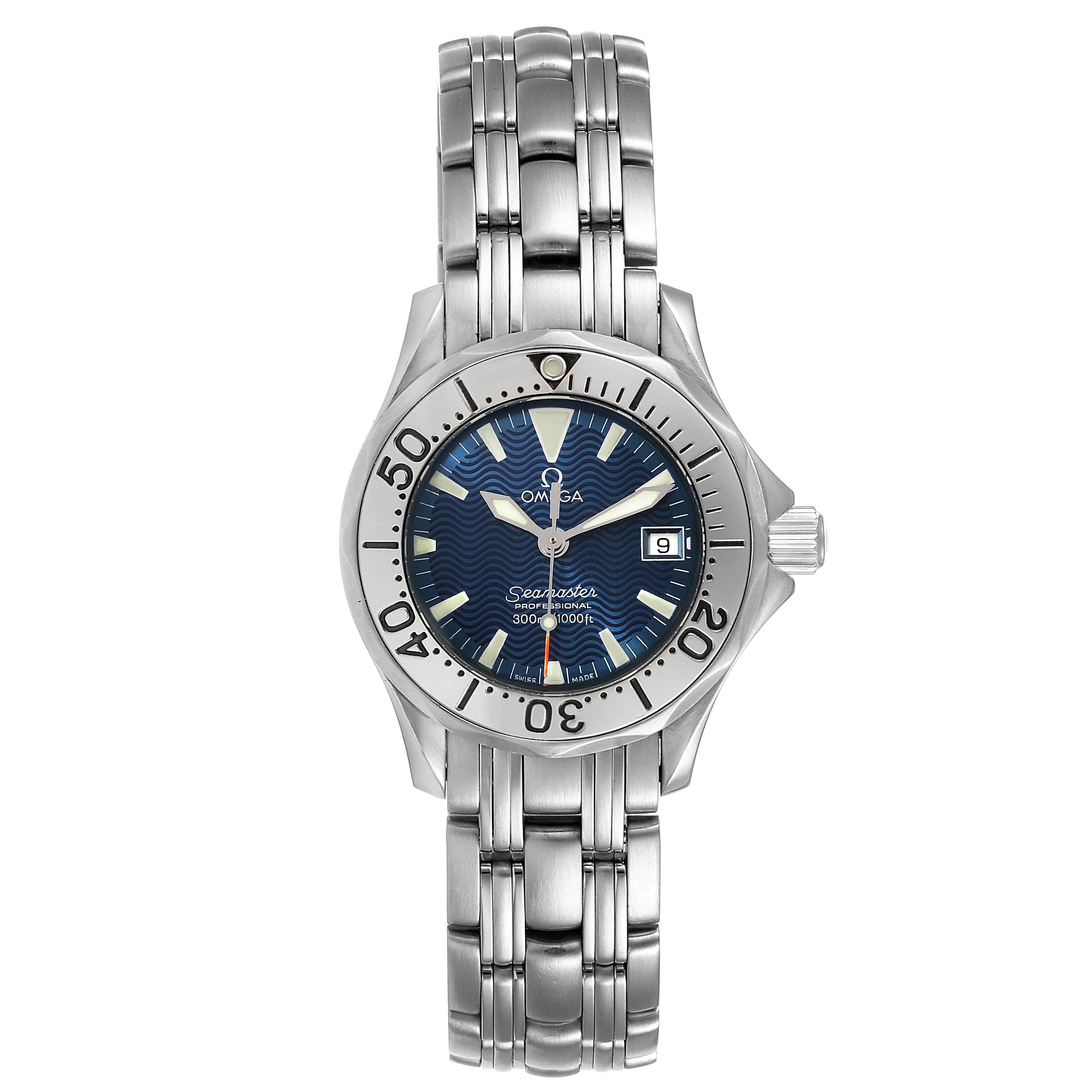 The image shows a front view of the Omega 2285.80.00 Women's Stainless Steel Blue Dial 2285.80.00 Women's Stainless Steel Blue Dial Seamaster Diver 300M Quartz 28mm Steel Ladies Watch 2285.80.00, displaying the face and bracelet.