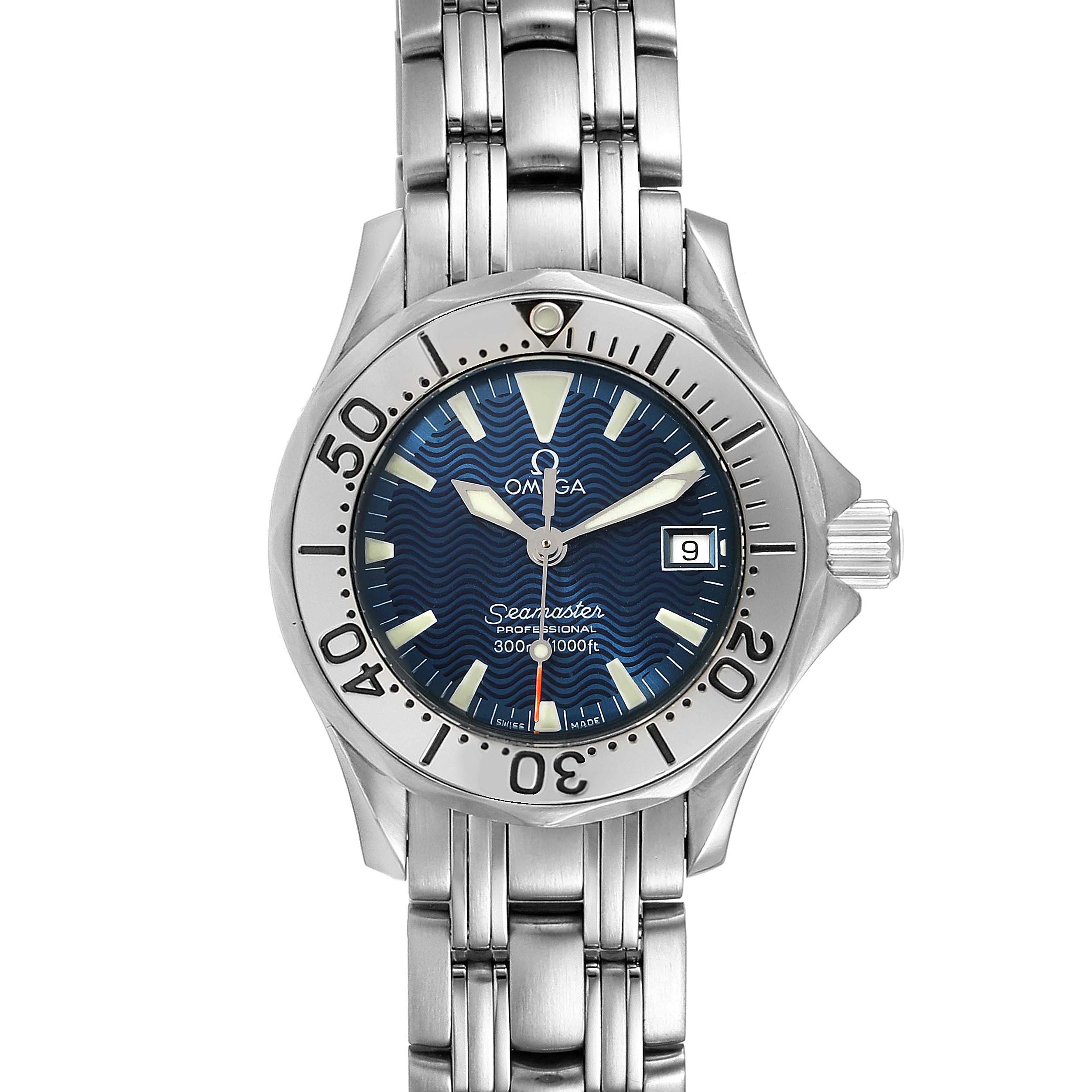 The image shows a front view of the Omega 2285.80.00 Women's Stainless Steel Blue Dial 2285.80.00 Women's Stainless Steel Blue Dial Seamaster Diver 300M Quartz 28mm Steel Ladies Watch 2285.80.00, highlighting its dial and bracelet.